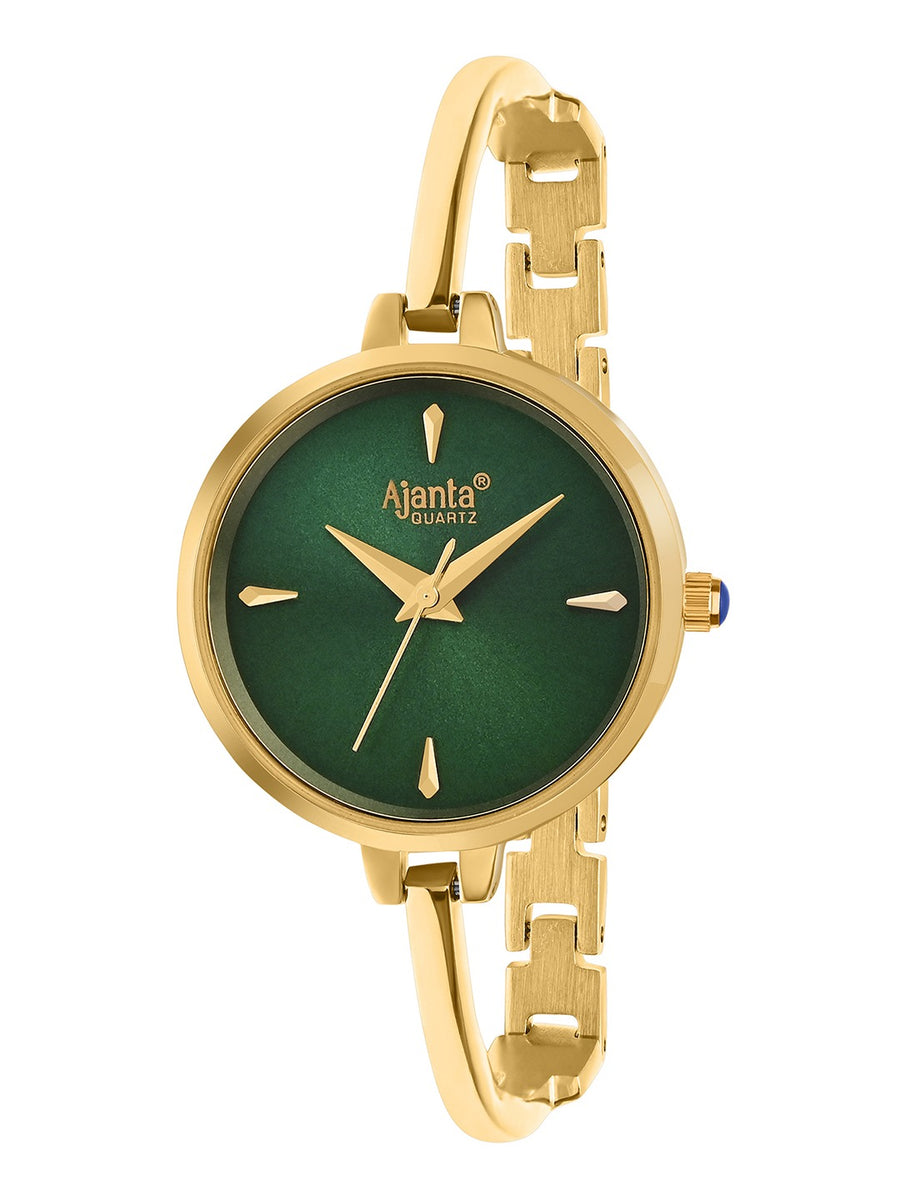 Ajanta Quartz Gold Women's Watch with Green Dial Elegant Analog Brac