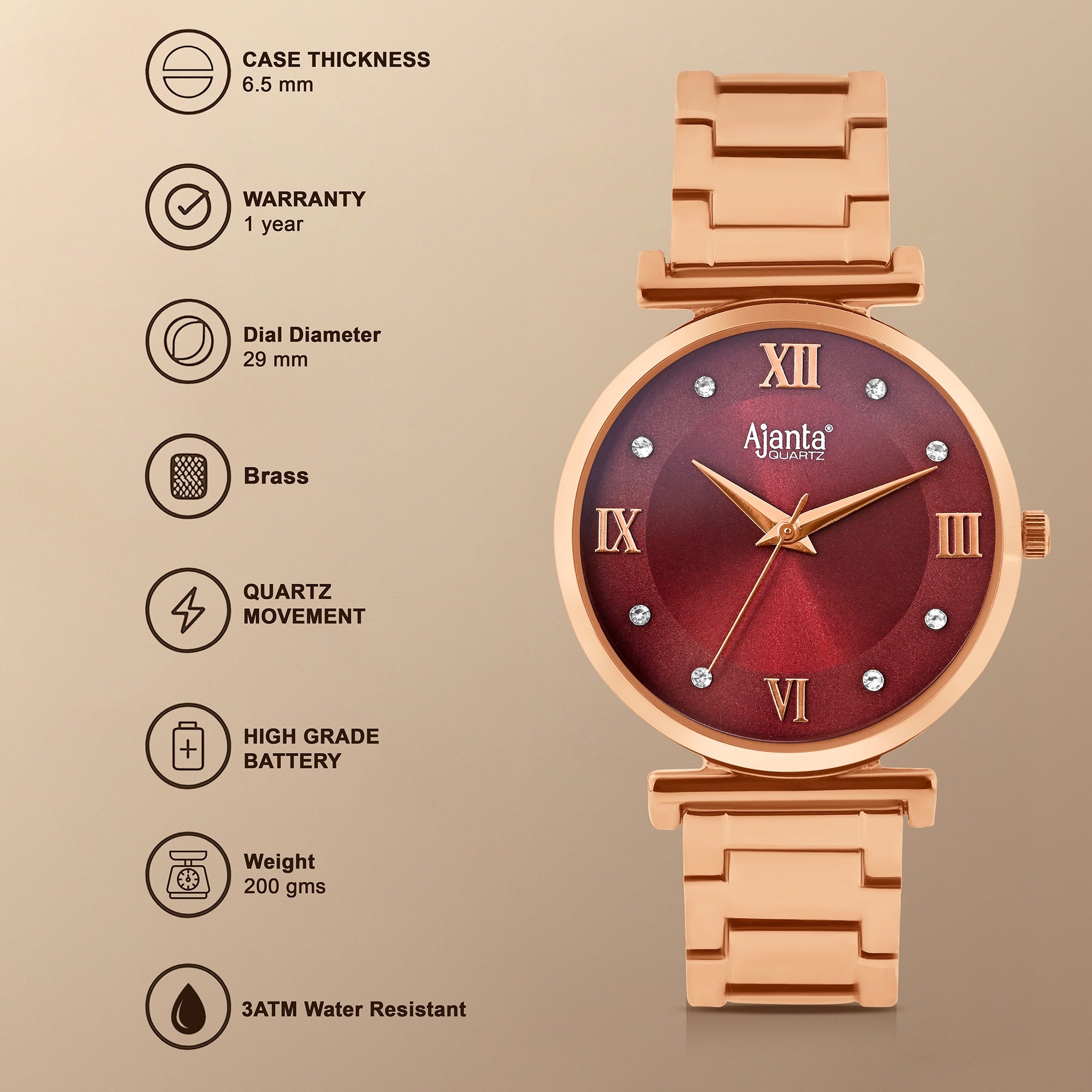 Ajanta Rose Gold Metal Strap Maroon Dial Ladies Analog Watch| AWC119ESL/7