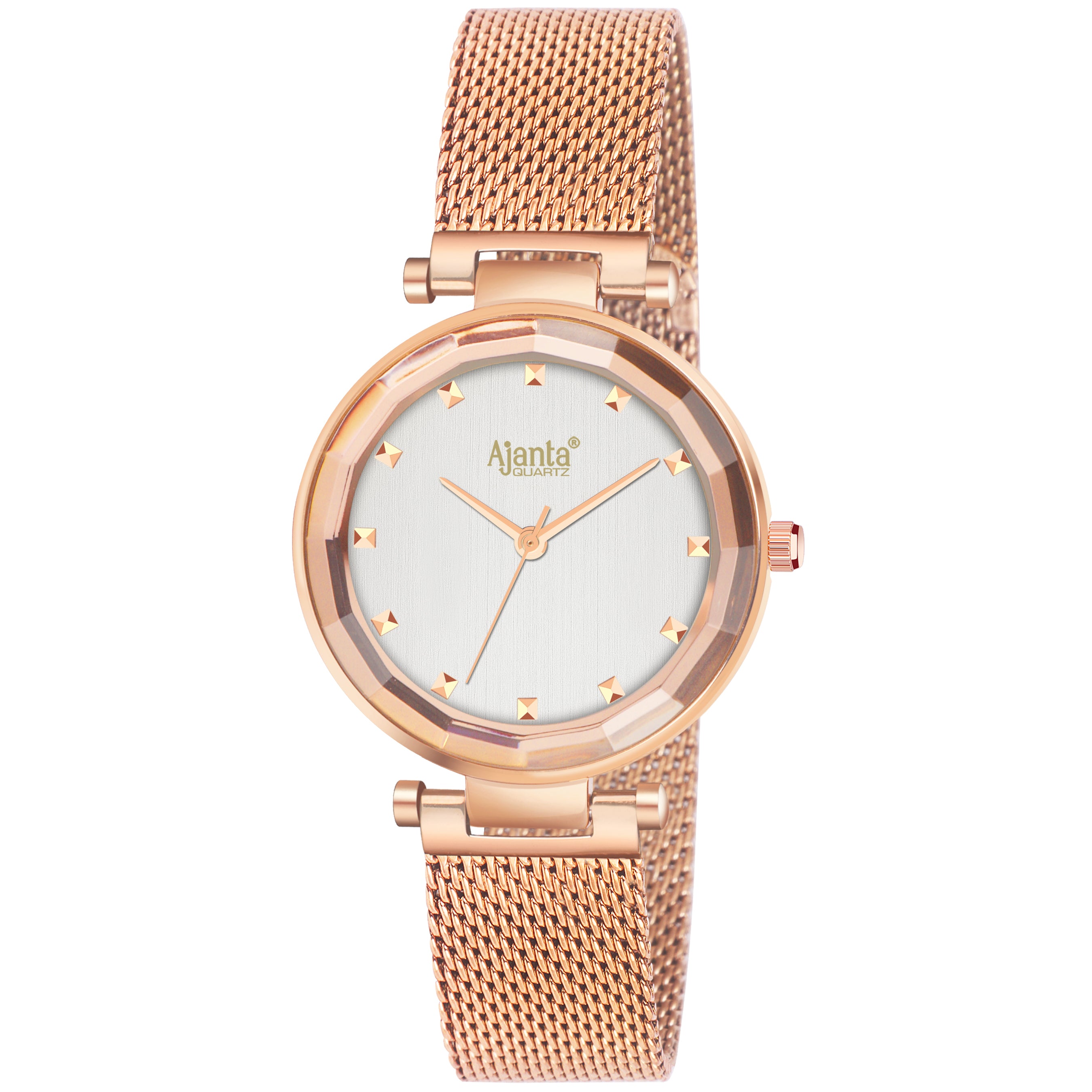 Flaire Silver Dial Rose Gold-Tone Mesh Bracelet