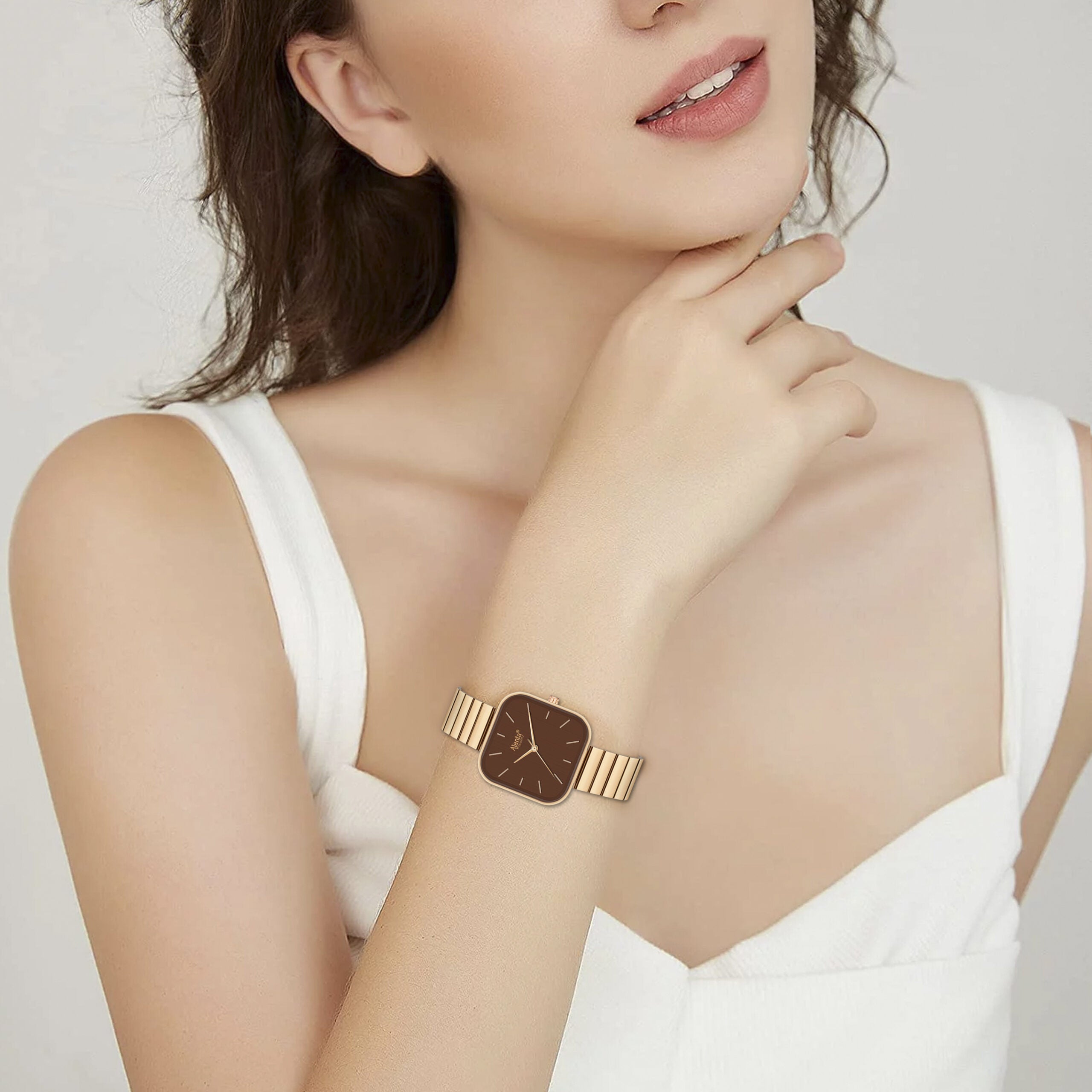 Ajanta Quartz Rose Gold Metal Strap Brown Square Dial Watch | AWC124ESL/4