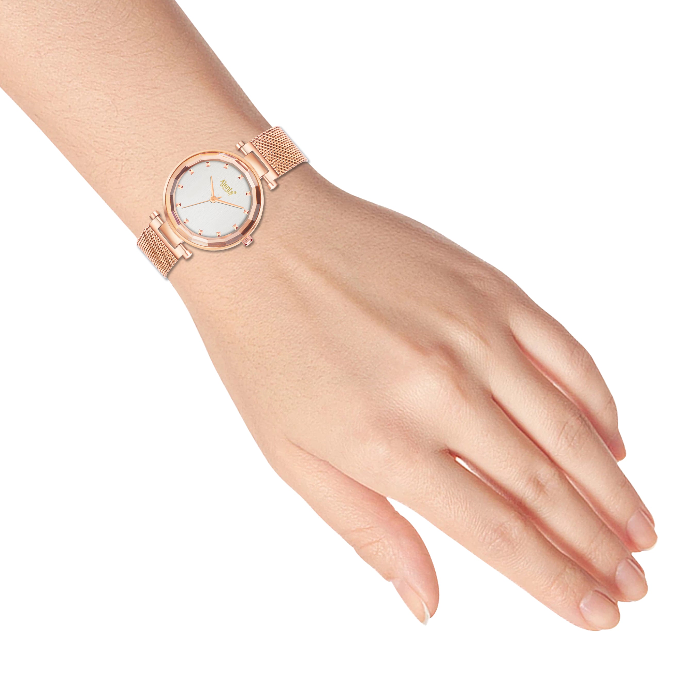 Flaire Silver Dial Rose Gold-Tone Mesh Bracelet