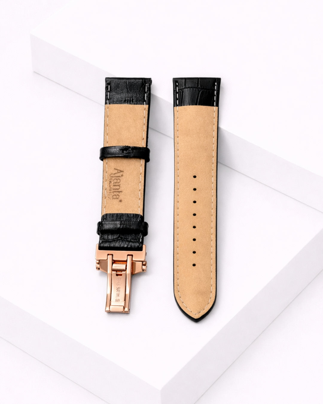 Ajanta Premium Black Leather Watch Strap with Rose Gold Butterfly Buckle
