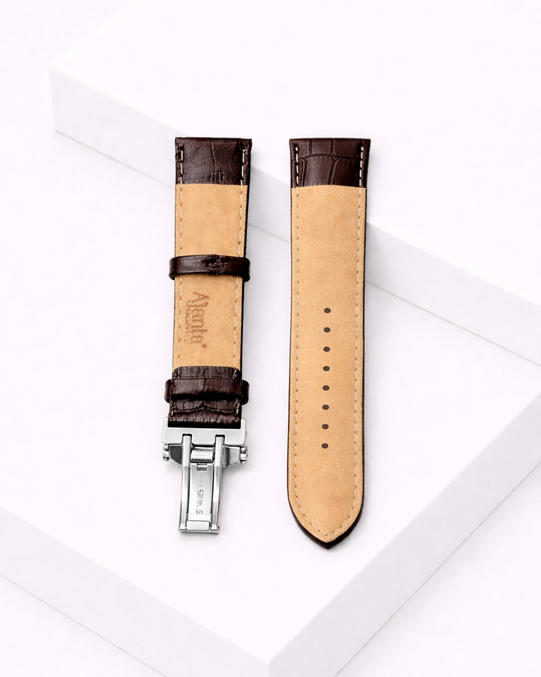 Ajanta Premium Brown Leather Watch Strap with Silver Butterfly Buckle