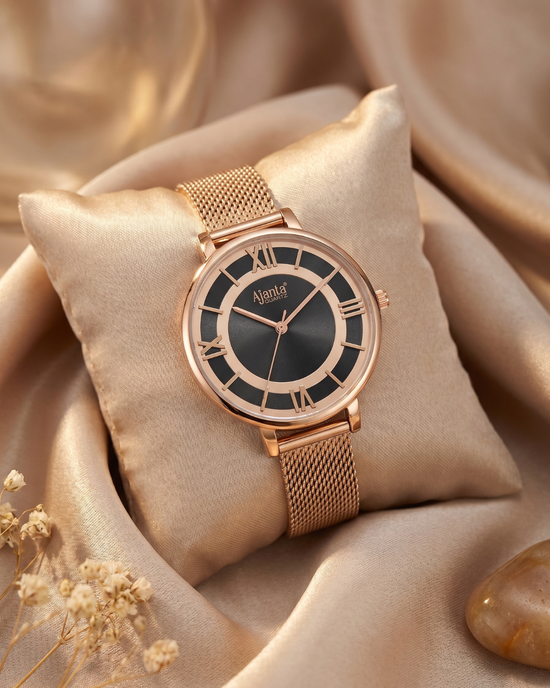 Calyse Black Dial Rose Gold-Tone Mesh Bracelet