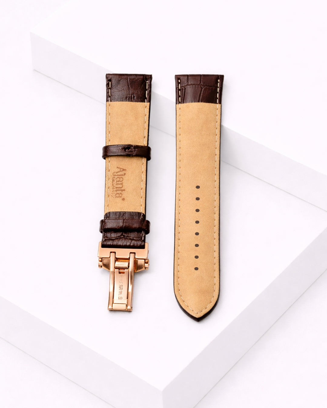 Ajanta Premium Brown Leather Watch Strap with Rose Gold Butterfly Buckle