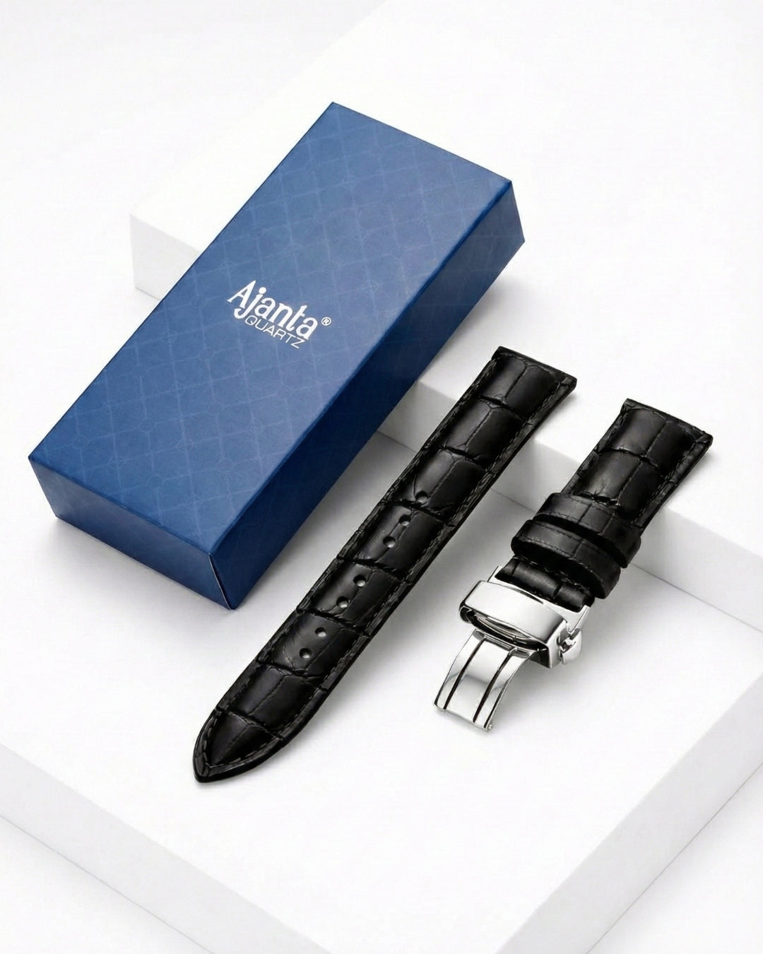 Ajanta Premium Black Leather Watch Strap with Silver Butterfly Buckle