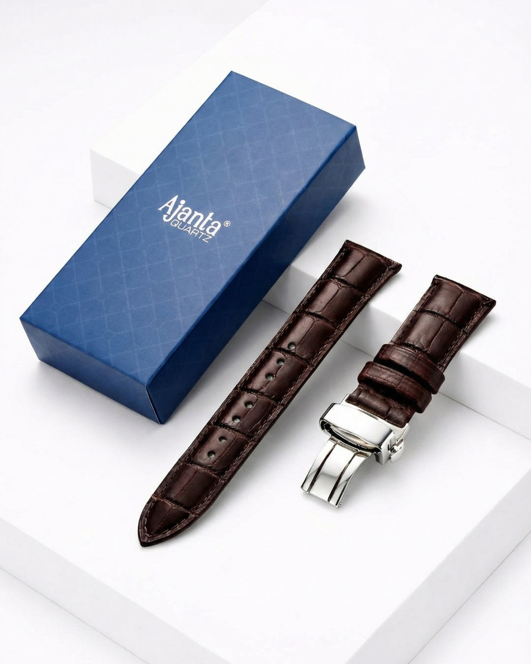 Ajanta Premium Brown Leather Watch Strap with Silver Butterfly Buckle