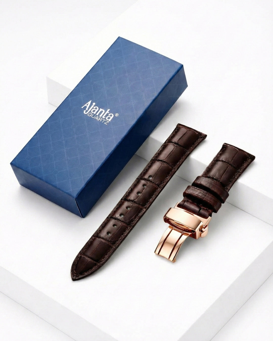 Ajanta Premium Brown Leather Watch Strap with Rose Gold Butterfly Buckle