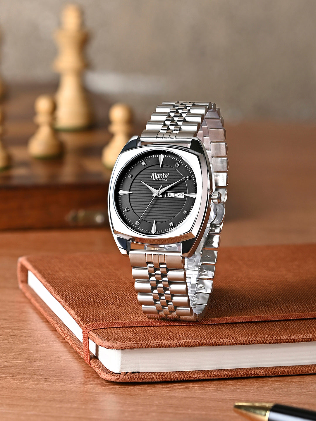 Ajanta Quartz Black Dial Silver Analog Watch for Men – Stainless Steel Strap with Day & Date Display | AWC132ESG/2