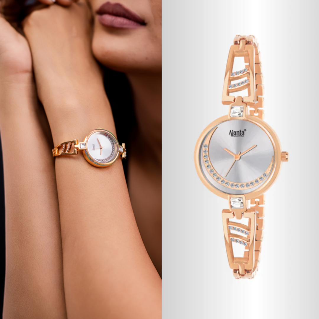 Ajanta Quartz Silver Dial Women's Rose-Gold Bracelet Watch with Crystal Accents| AWC121ESL/2