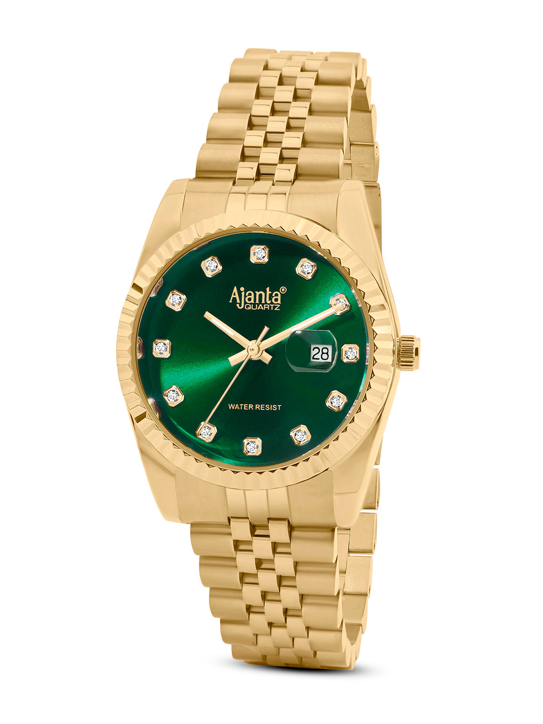 Avenza Gold Tone Green Dial Stainless Steel Day-Date Watch