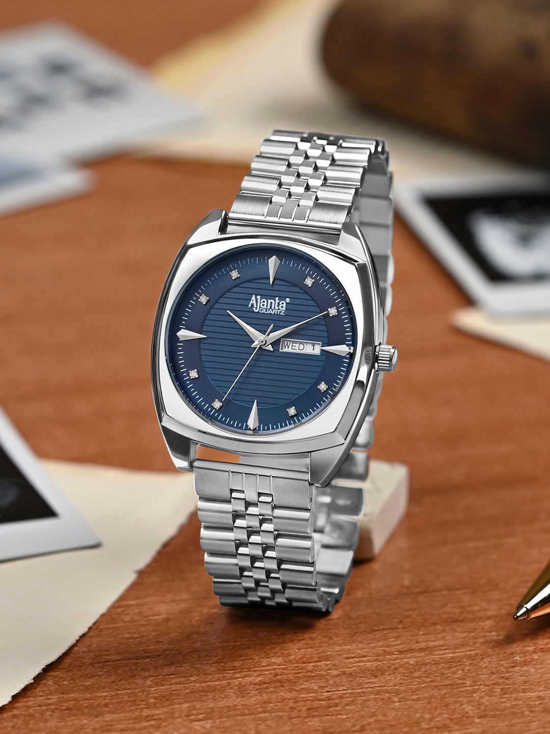 Ajanta Quartz Blue Dial Silver Analog Watch for Men – Stainless Steel Strap with Day & Date Display | AWC132ESG/4