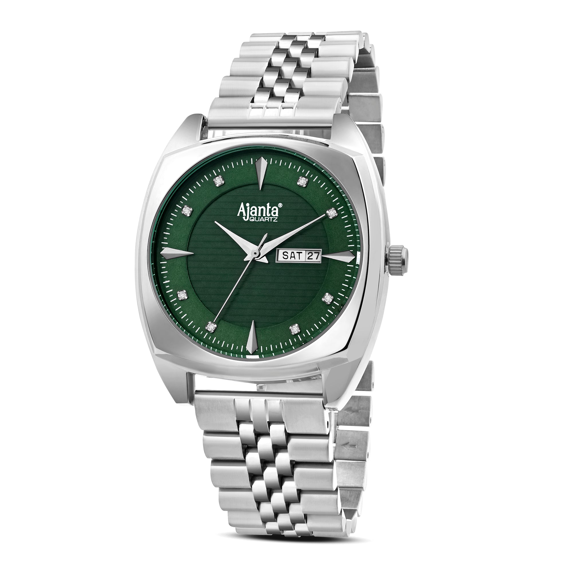 Ajanta Quartz Green Dial Silver Analog Watch for Men – Stainless Steel Strap with Day & Date Display | AWC132ESG/3