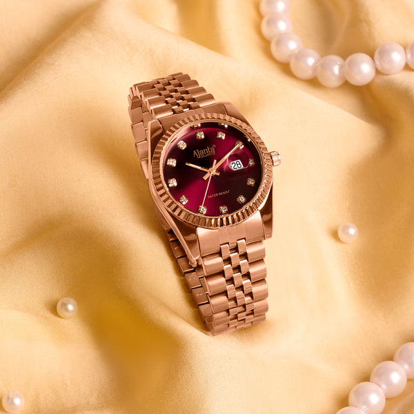 Avenza Rose gold Wine Purple Dial Stainless Steel Day-Date Watch