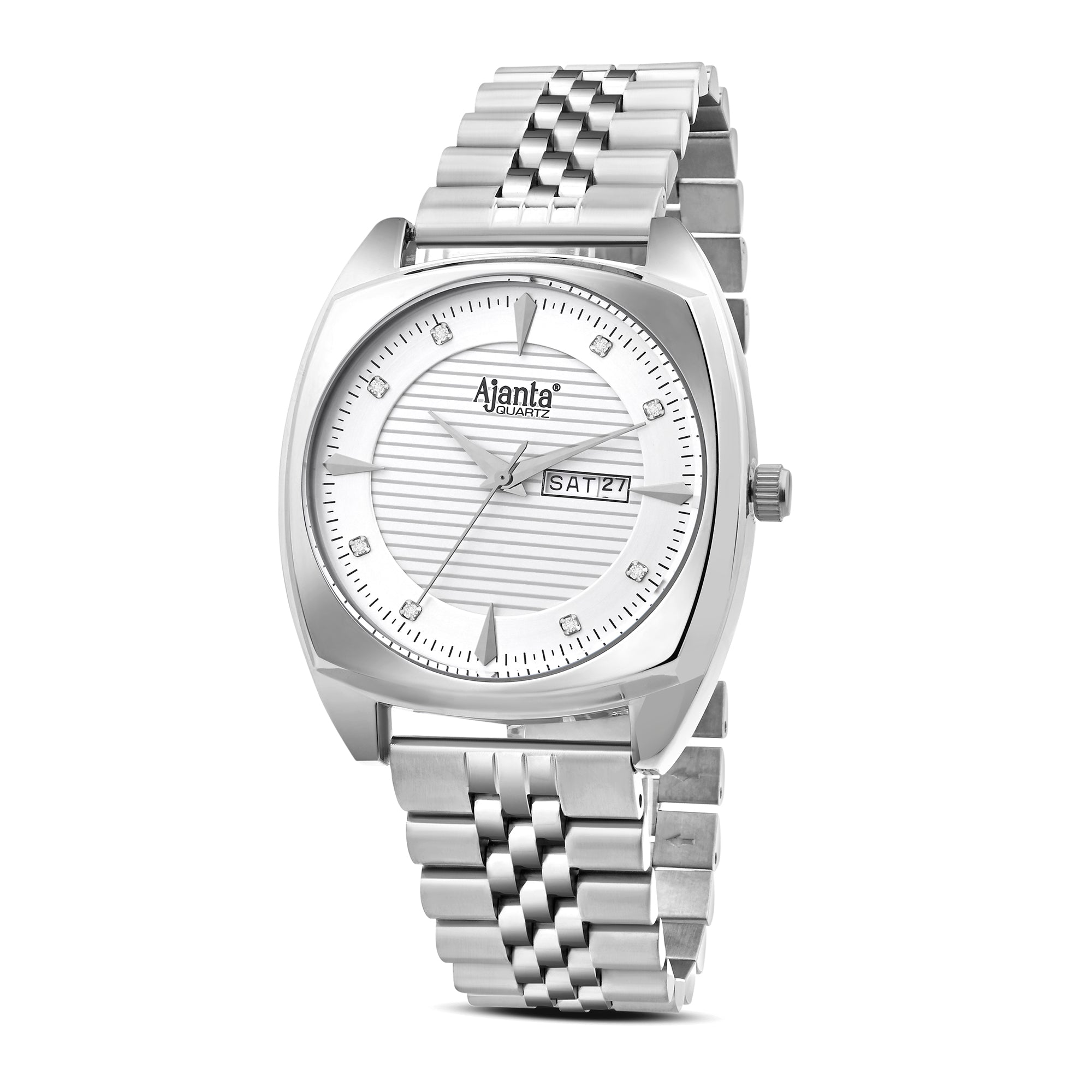 Ajanta Quartz Silver Analog Watch for Men – Stainless Steel Strap with Day & Date Display | AWC132ESG/1