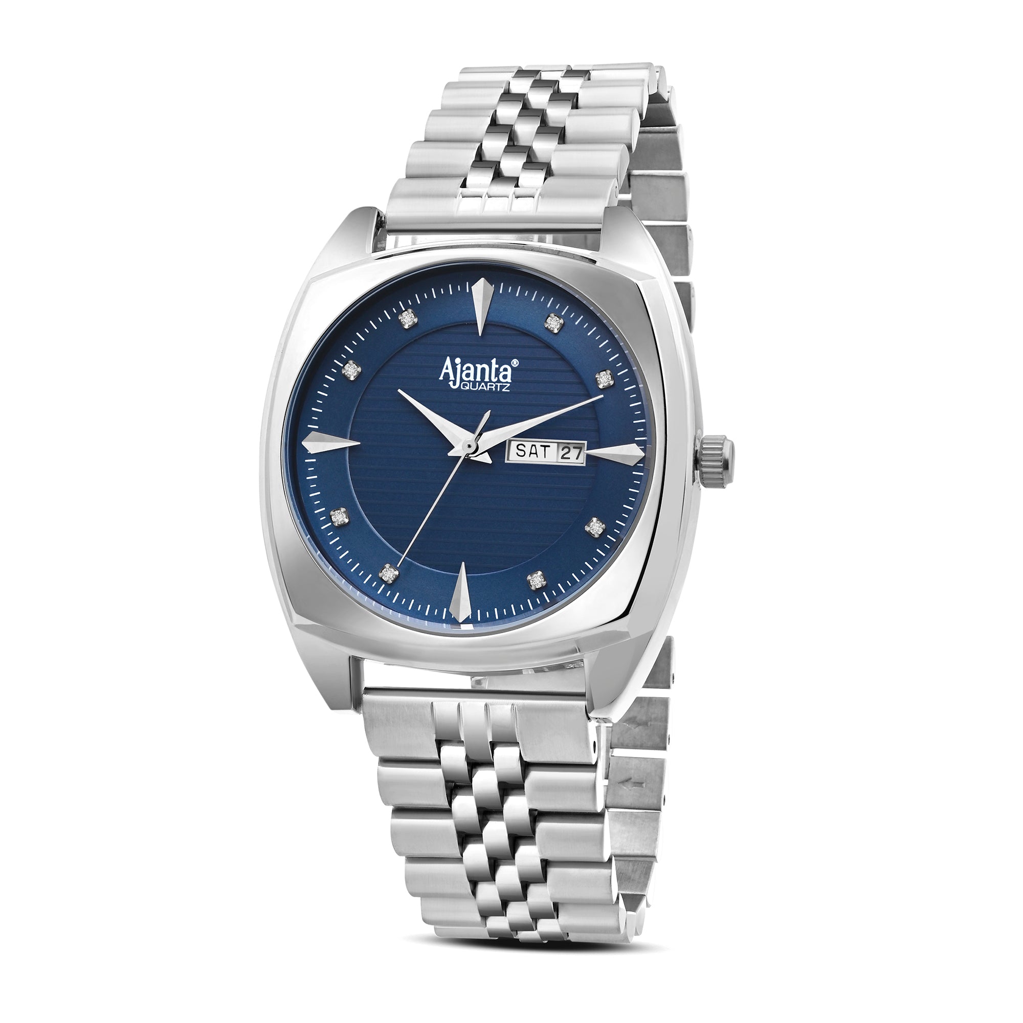 Ajanta Quartz Blue Dial Silver Analog Watch for Men – Stainless Steel Strap with Day & Date Display | AWC132ESG/4