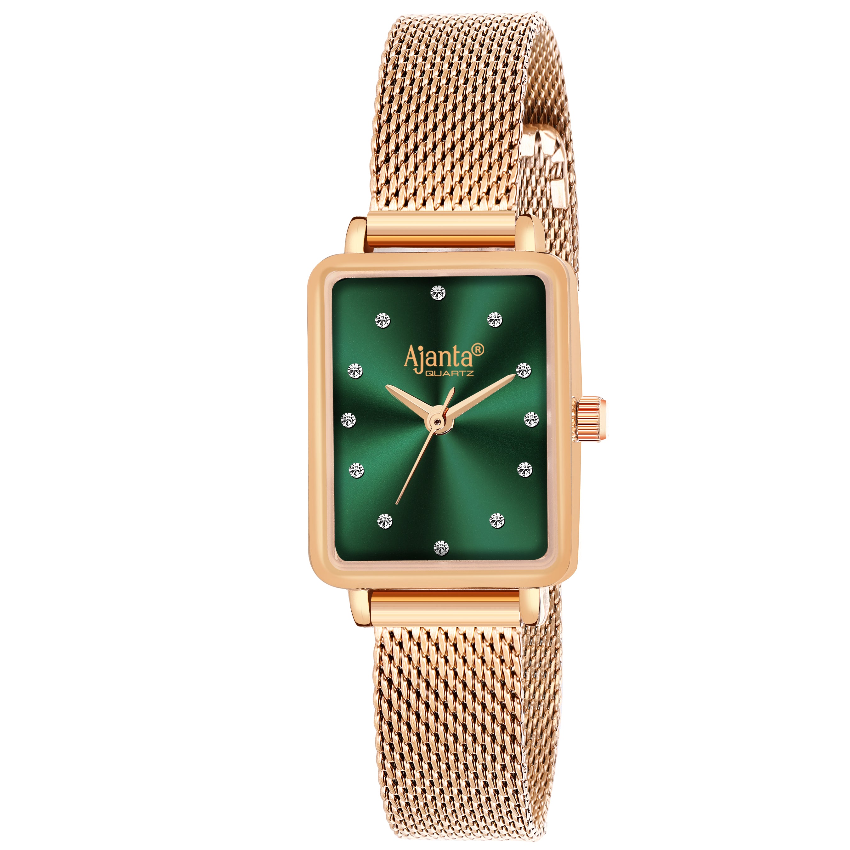 Ajanta Rose Gold Women's Square Analog Watch  — Premium Green Dial Stylish Mesh Strap Ladies Wrist Watch| AWC128ESL/3
