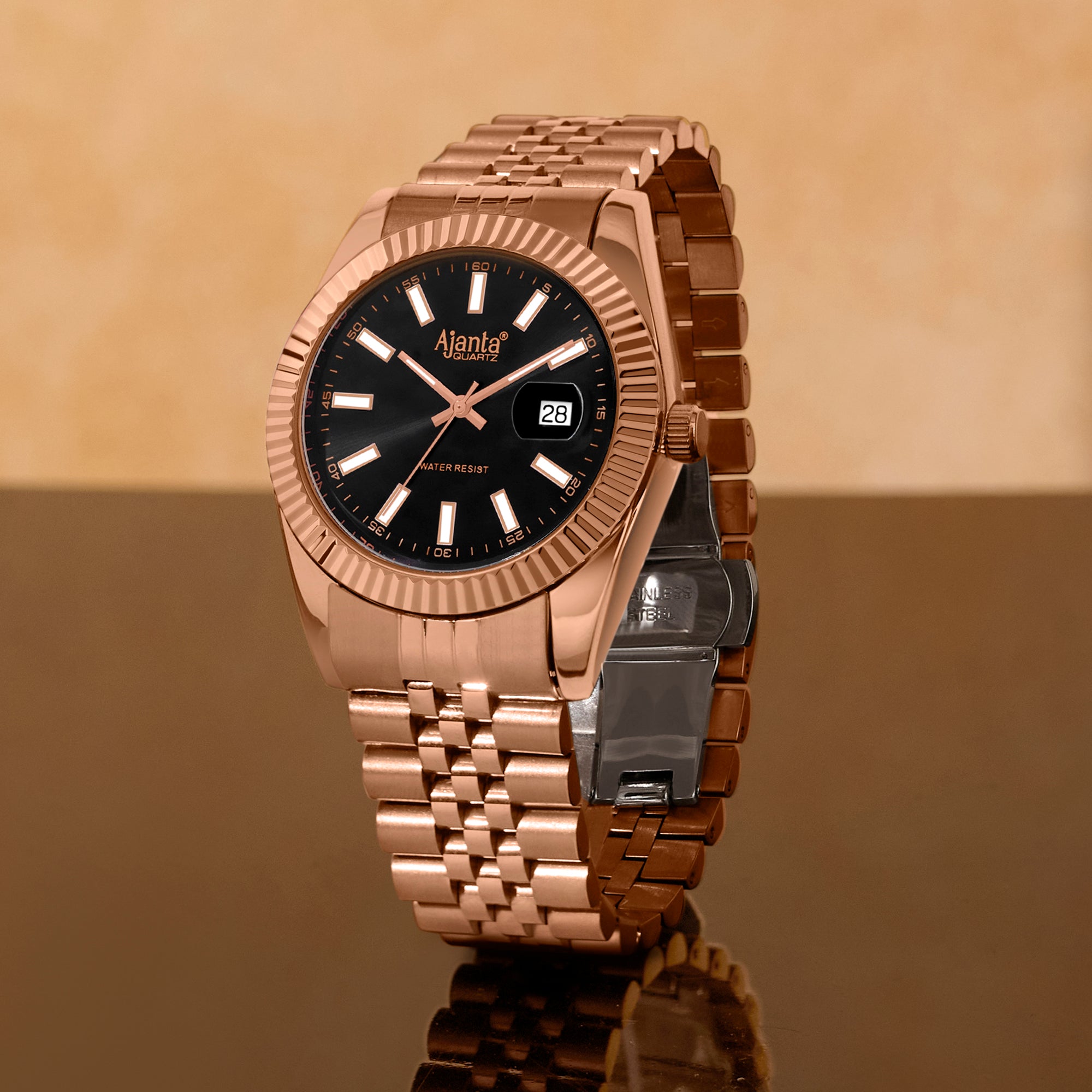 Monaco Rose Gold Black DIal Stainless Steel Day-Date Watch