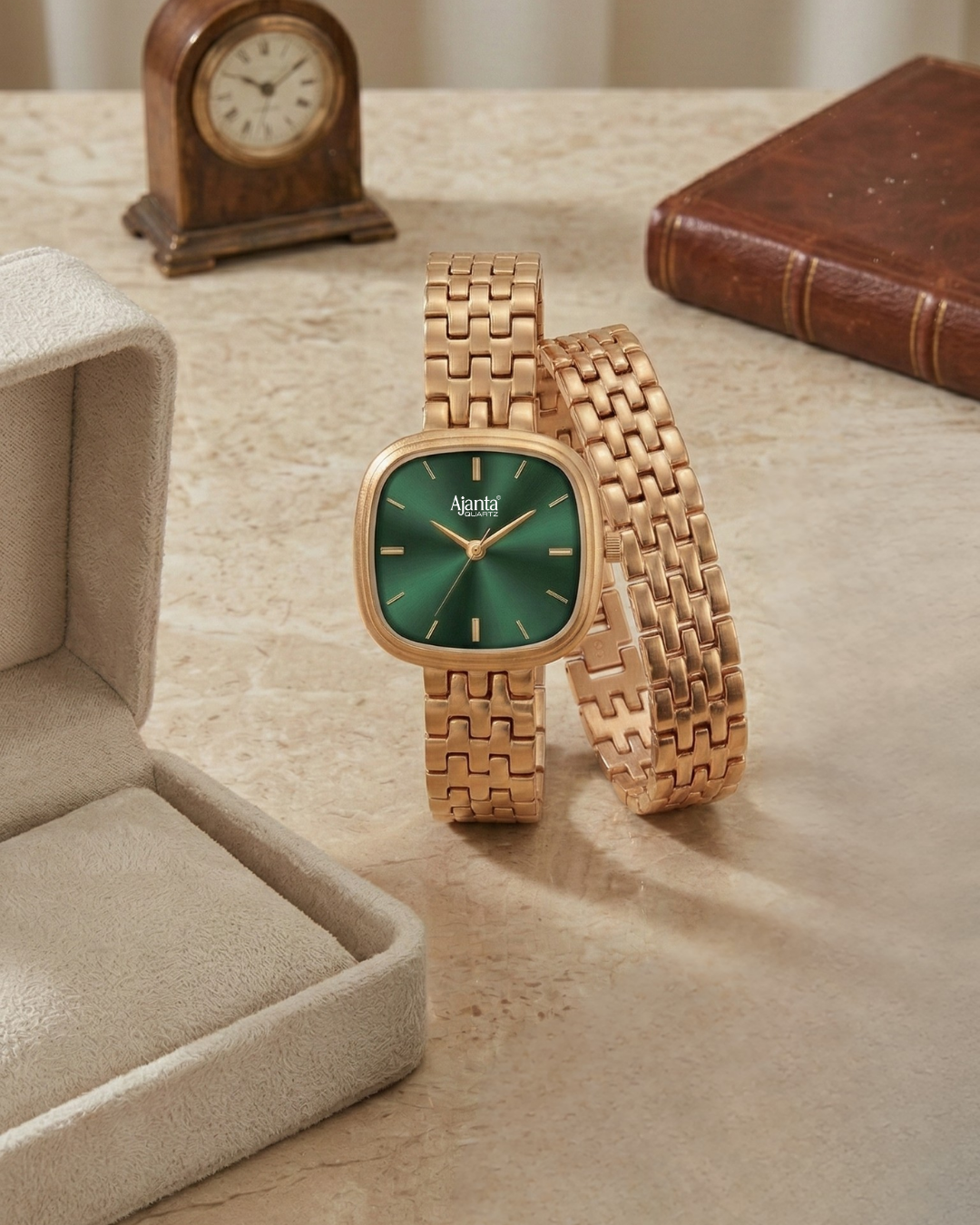 Starlé Green Dial Rose Gold-Tone Bracelet Set