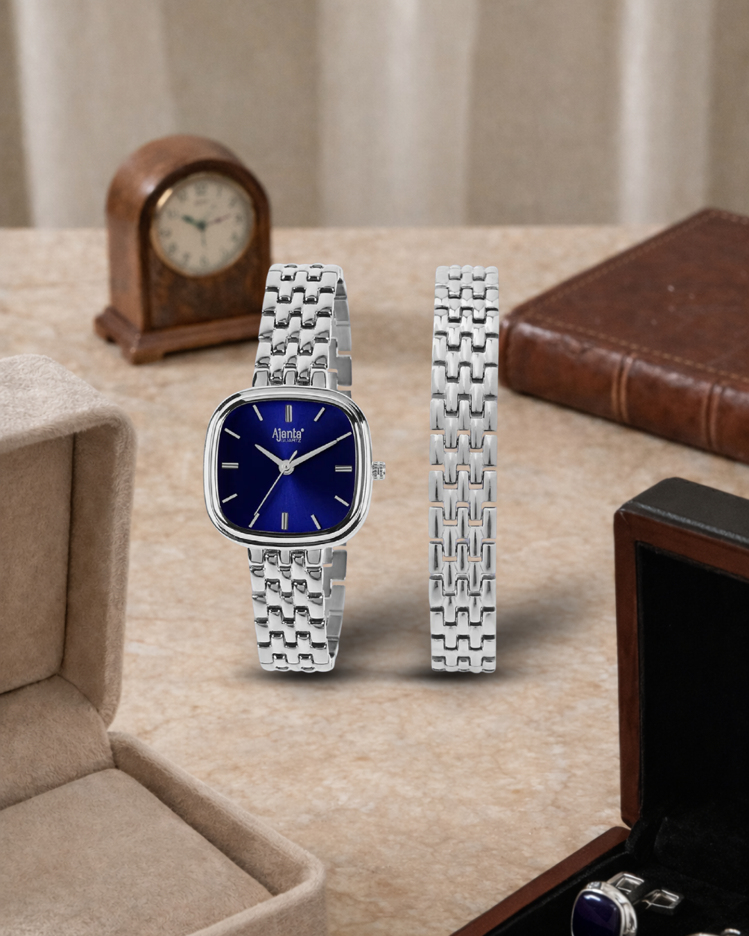 Starlé Blue Dial Silver-Tone Bracelet Set