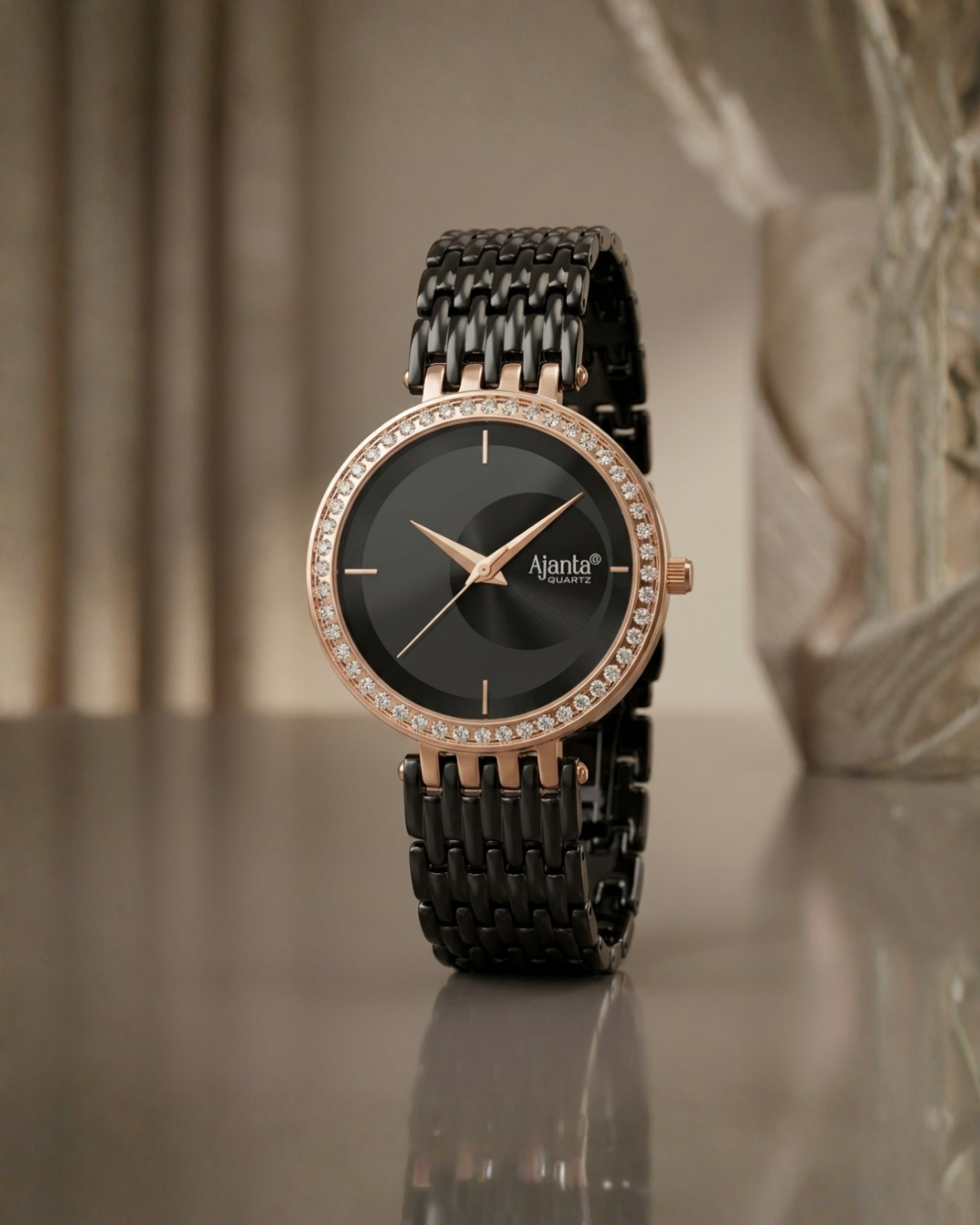 Amoura Black Dial Rose Gold-Tone Case Black Strap