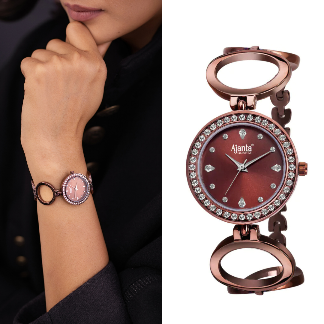 Ajanta Quartz Rose Gold Women’s Fashion Watch – Premium Brown Dial with Crystal Bezel Stylish Bracelet Design| AWC201KTL/BBR