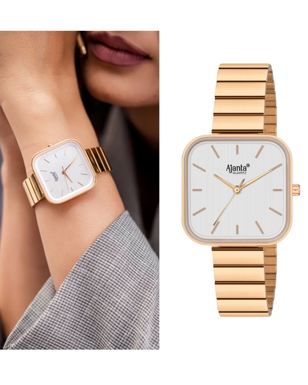 Ajanta Quartz Rose Gold Metal Strap White Square Dial Watch | AWC124ESL/3