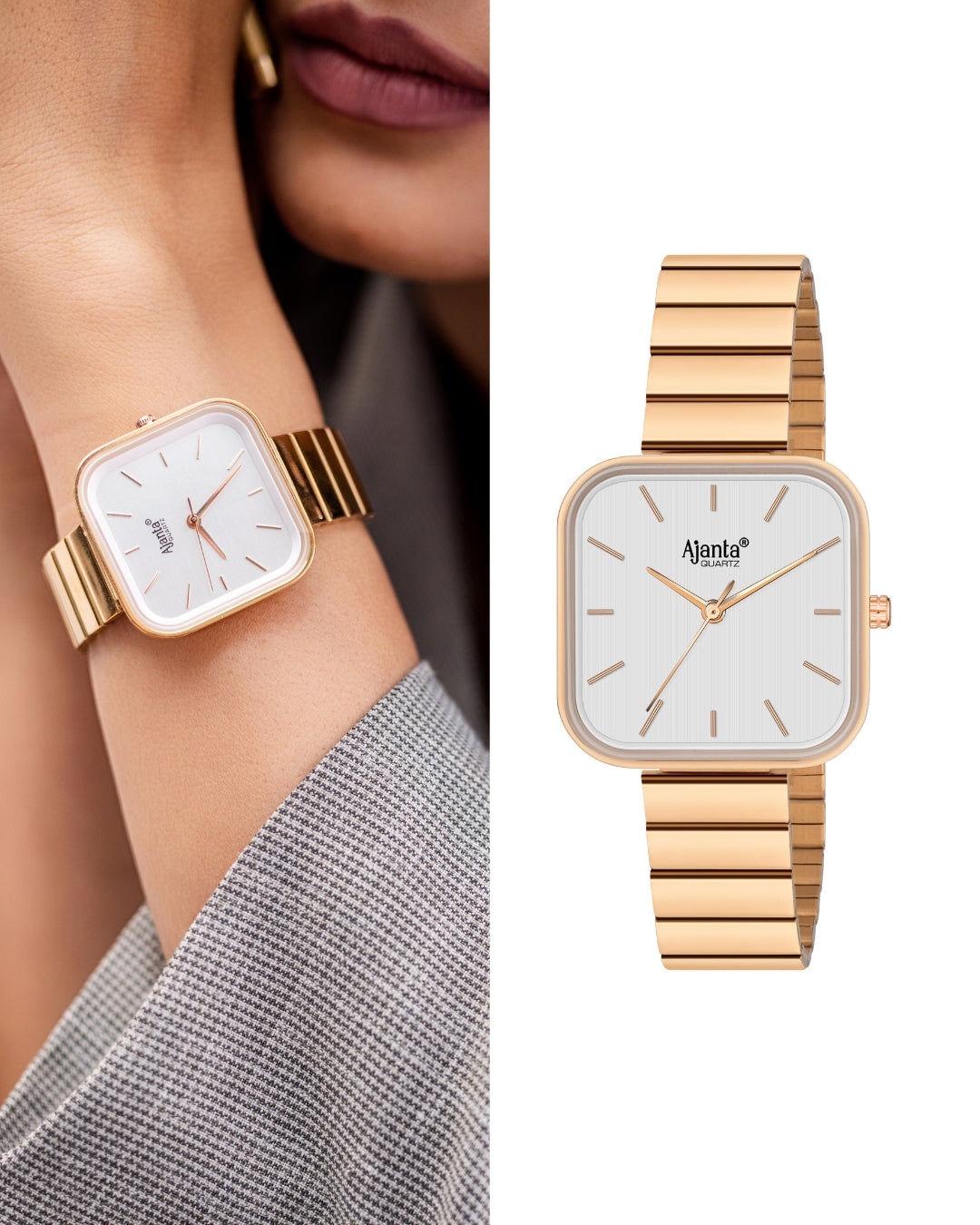 Ajanta Quartz Rose Gold Metal Strap White Square Dial Watch | AWC124ESL/3