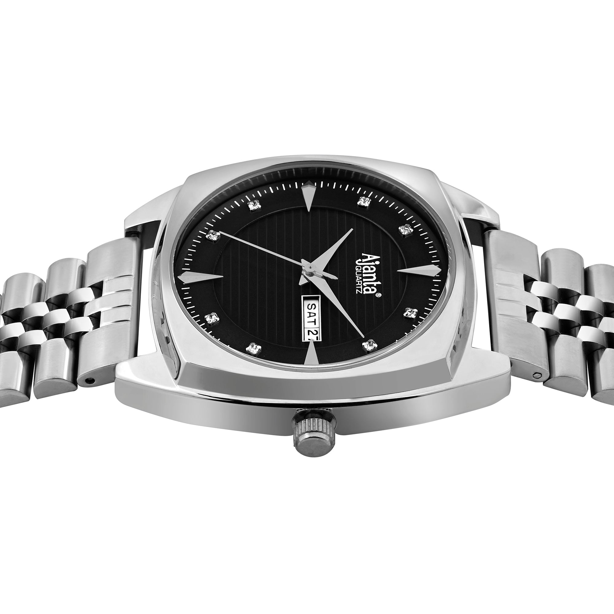 Ajanta Quartz Black Dial Silver Analog Watch for Men – Stainless Steel Strap with Day & Date Display | AWC132ESG/2