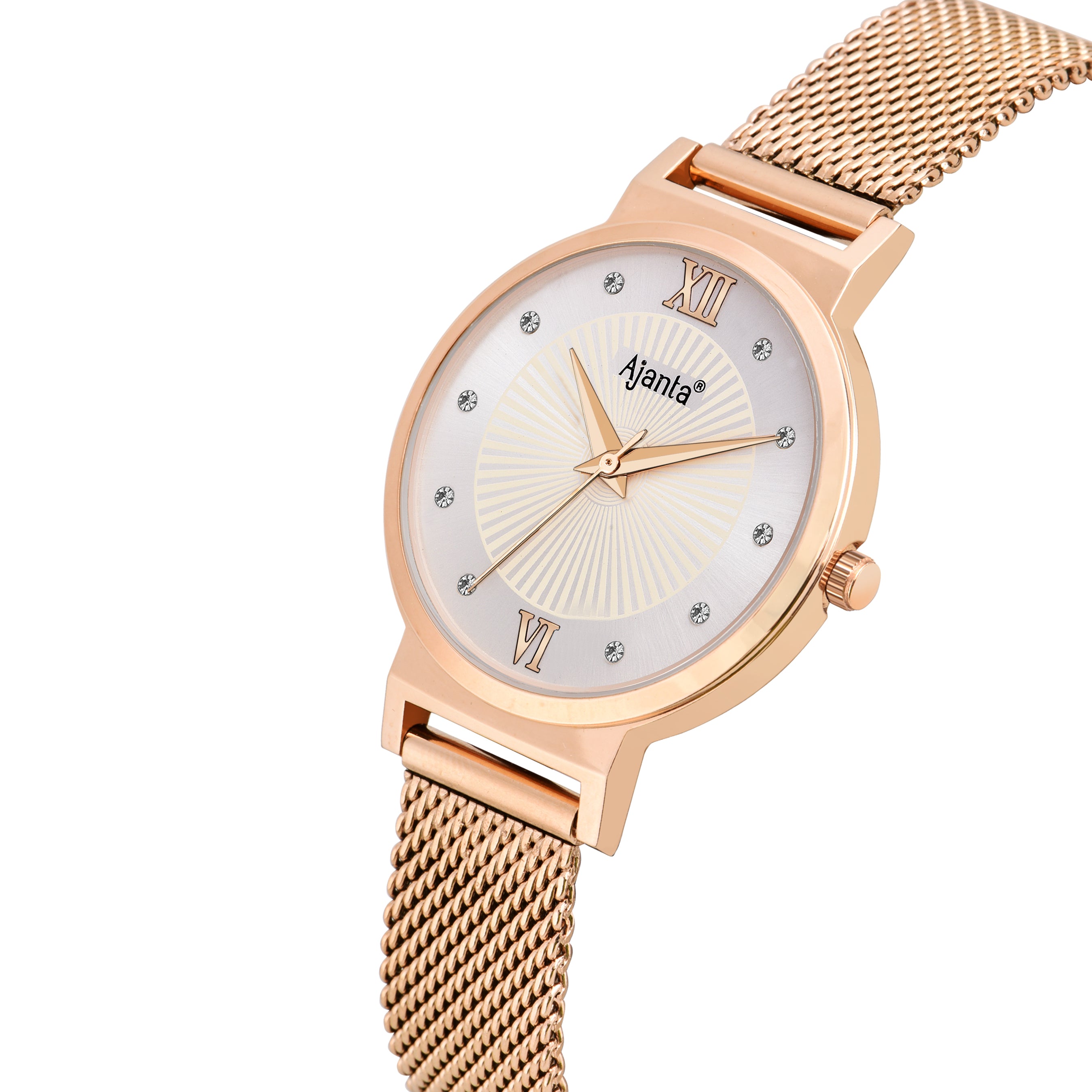Elegant Ajanta Women's Rose Gold Mesh Bracelet Watch with Crystal-Studded Silver Dial| AWC117ESL/1