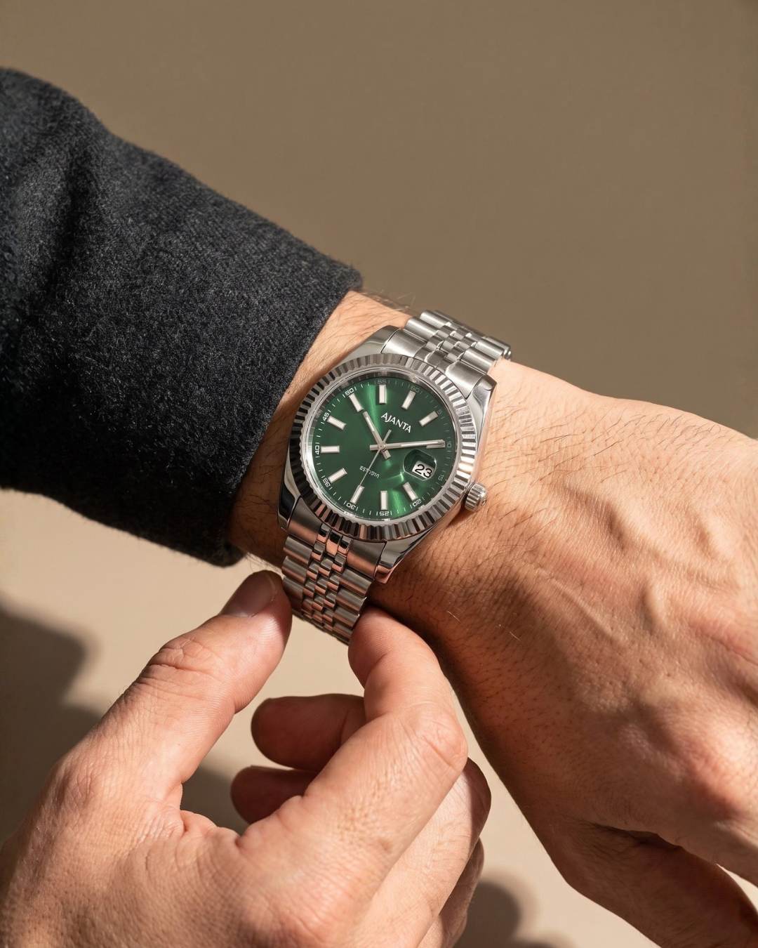 Monaco Silver Green Dial Stainless Steel Day-Date Watch