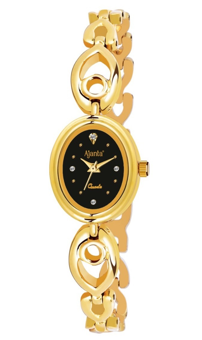 Ajanta Gold Women’s Quartz Watch with Black Dial, Crystal Markers & Designer Bracelet |AWC411MRL/1