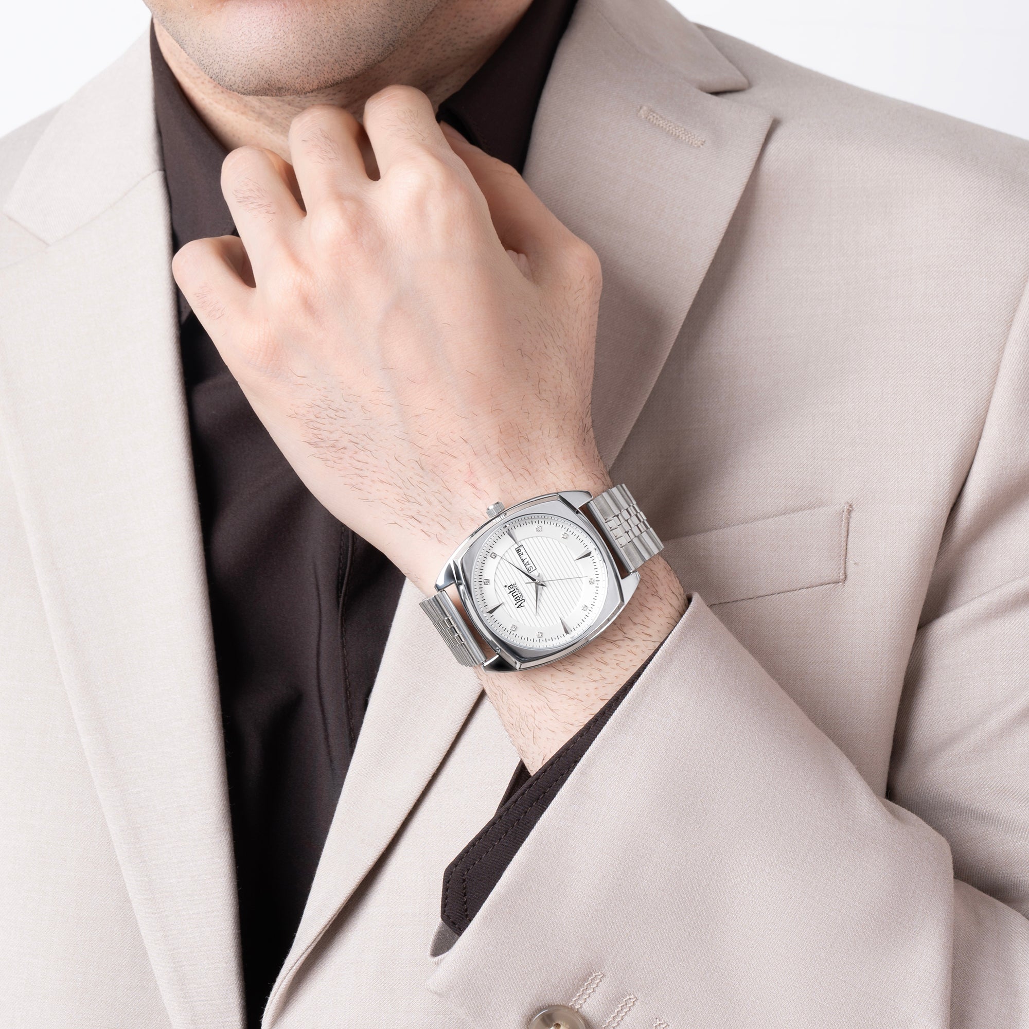 Ajanta Quartz Silver Analog Watch for Men – Stainless Steel Strap with Day & Date Display | AWC132ESG/1