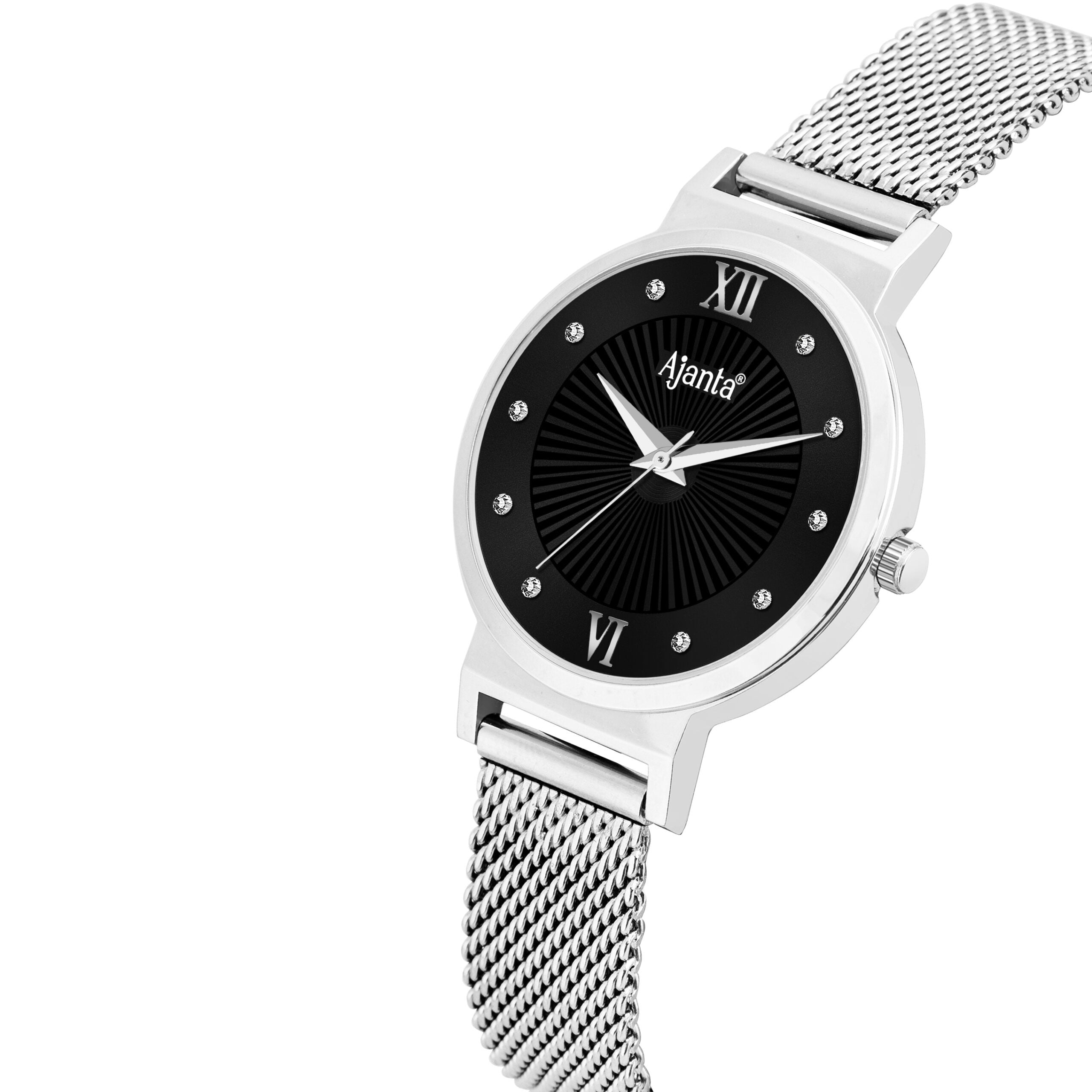 Ajanta Quartz Women’s Watch – Black Dial with Silver Mesh Stainless Steel Strap | AWC117ESL/2