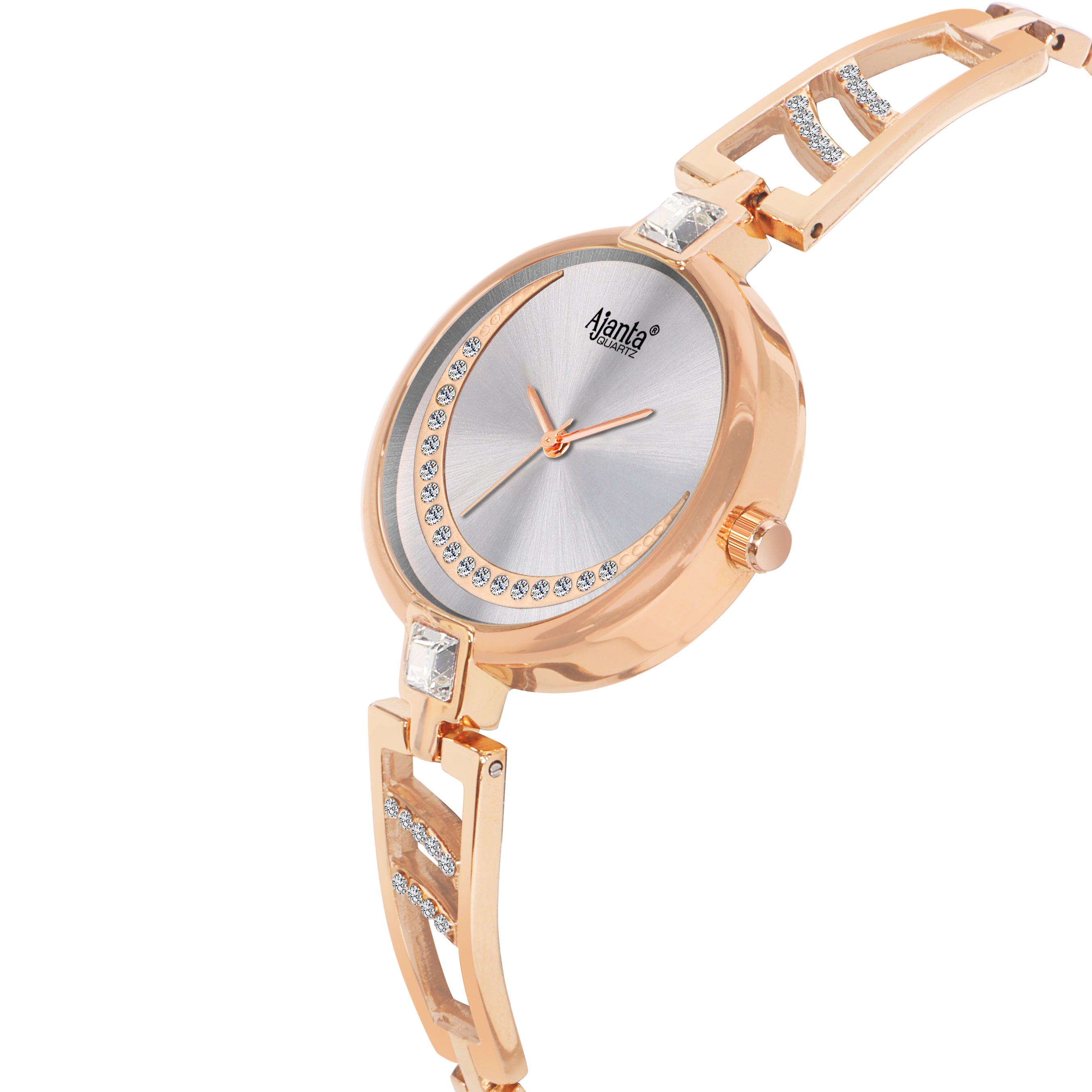 Ajanta Quartz Silver Dial Women's Rose-Gold Bracelet Watch with Crystal Accents| AWC121ESL/2