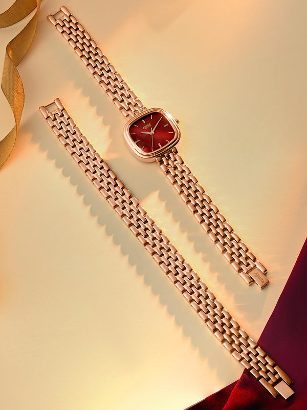 Ajanta Quartz Rose Gold Women's Analog Watch  — Maroon Dial, Premium Metal Bracelet Strap, Elegant Square Design Wrist Watch | AWC127ESL/5