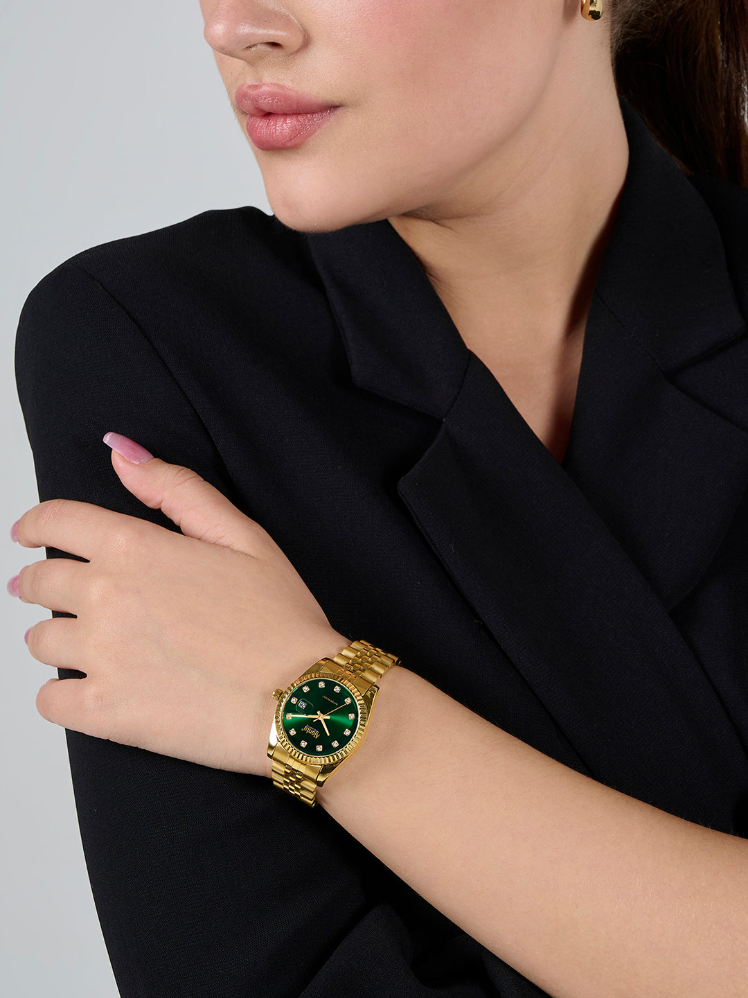 Avenza Gold Tone Green Dial Stainless Steel Day-Date Watch