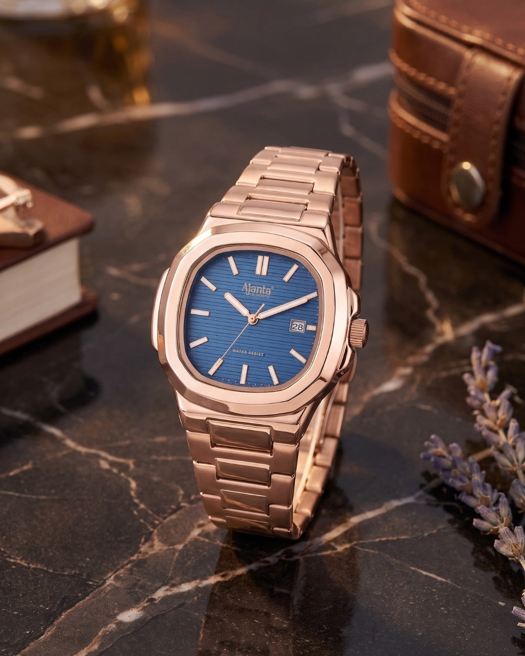 Astera Rose Gold Blue Dial Stainless Steel Date Display  Watch for Men