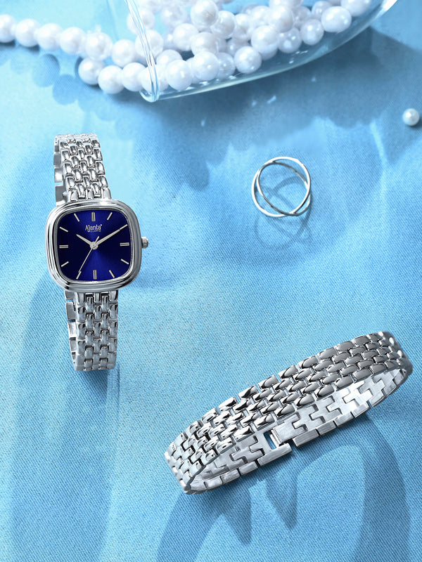 Ajanta Quartz Silver Women's Analog Watch  — Blue Dial, Premium Metal Bracelet Strap, Elegant Square Design Wrist Watch  | AWC127ESL/6