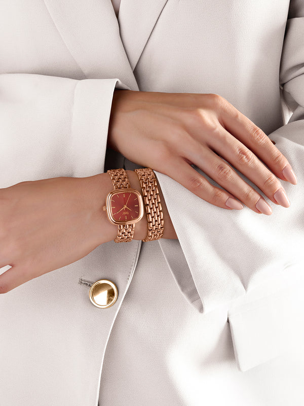 Ajanta Quartz Rose Gold Women's Analog Watch  — Maroon Dial, Premium Metal Bracelet Strap, Elegant Square Design Wrist Watch | AWC127ESL/5