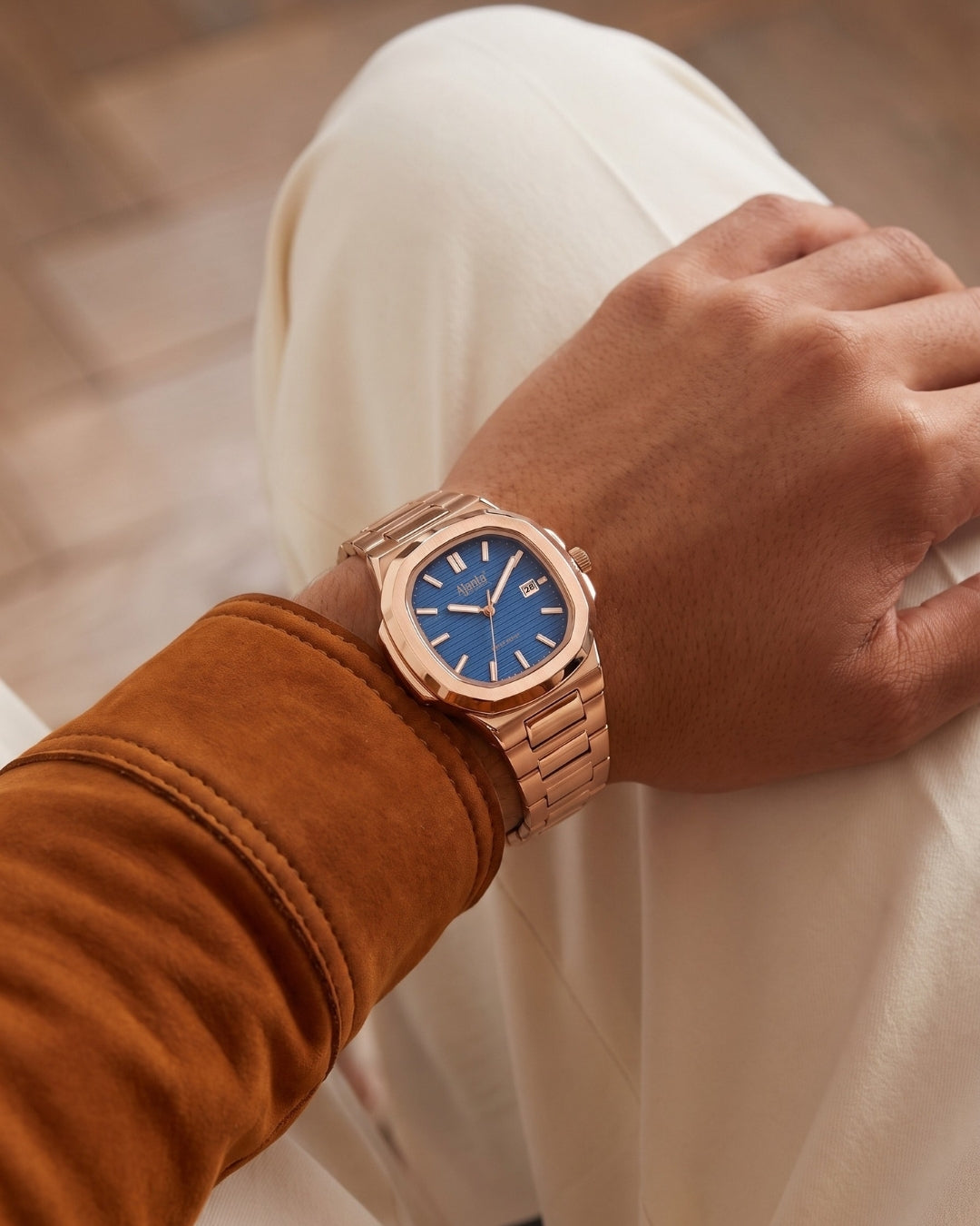 Astera Rose Gold Blue Dial Stainless Steel Date Display  Watch for Men