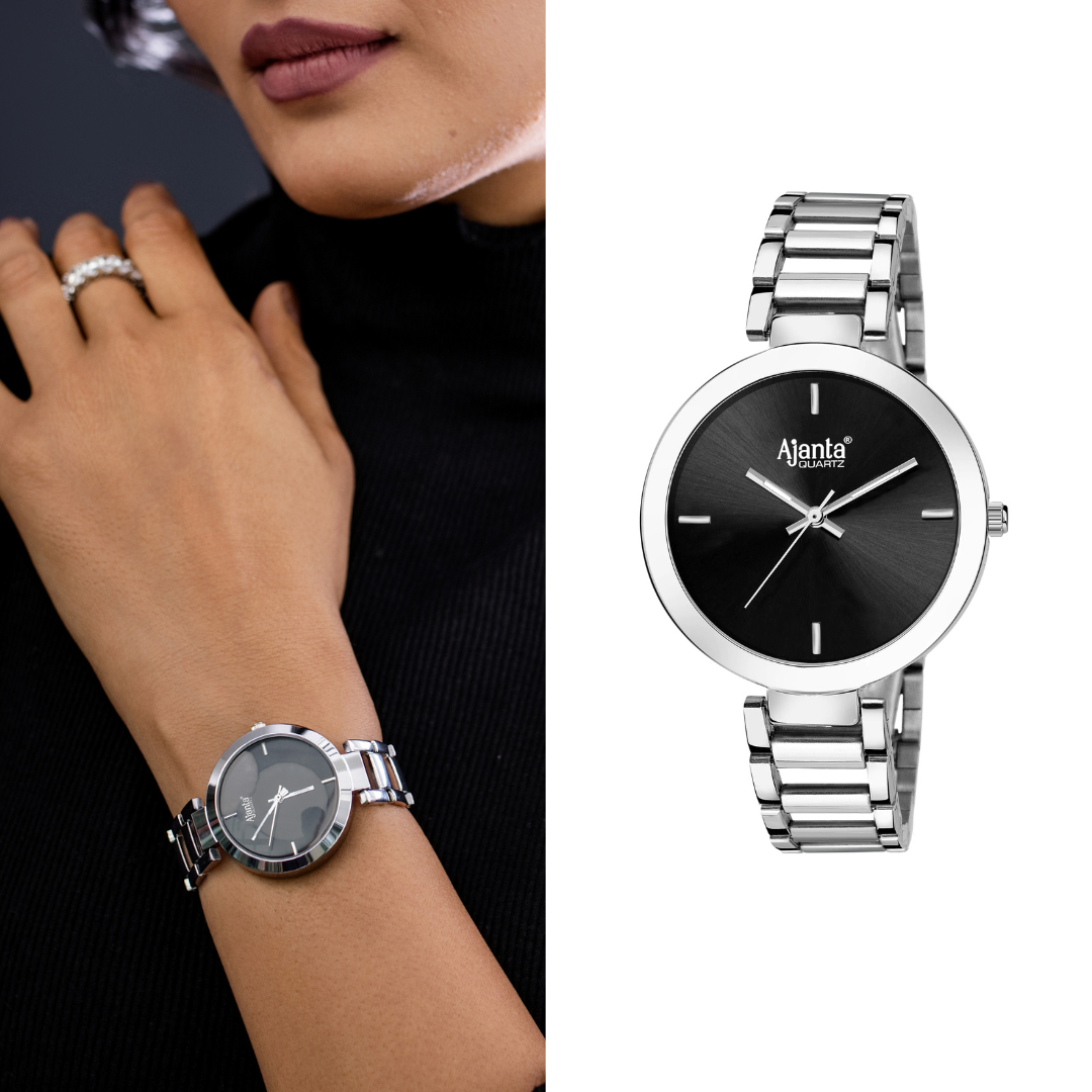 Ajanta Quartz Silver Analog Women’s Watch – Premium Black Dial Ladies Stainless Steel Strap  | AWC043MSL/BSL