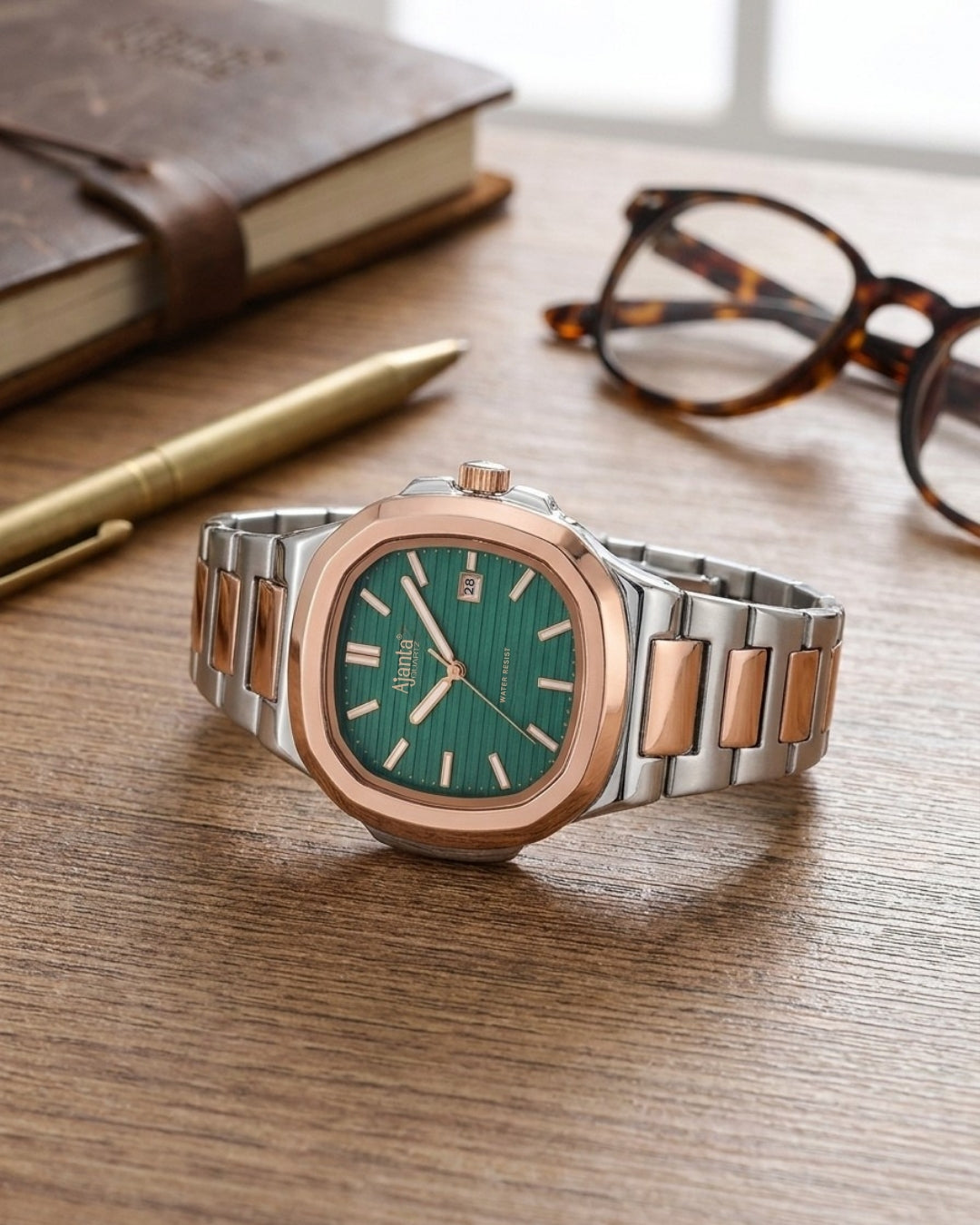 Astera Two Tone  Green Dial Stainless Steel Date Display Watch for Men
