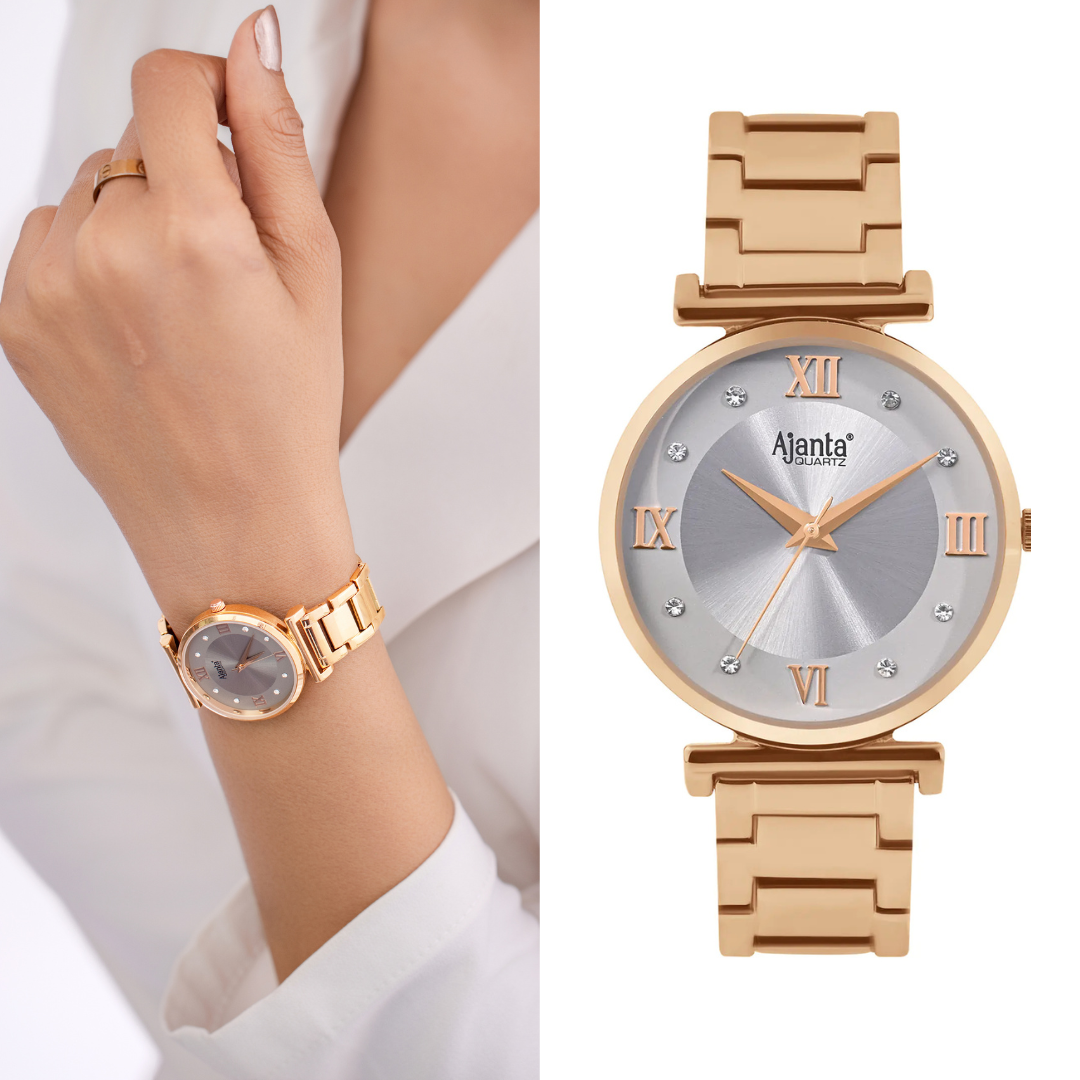 Ajanta Quartz Rose Gold Analog Watch for Women – Elegant Stainless Steel  Bracelet, Grey Dial, Premium Stylish Design | AWC119ESL/3