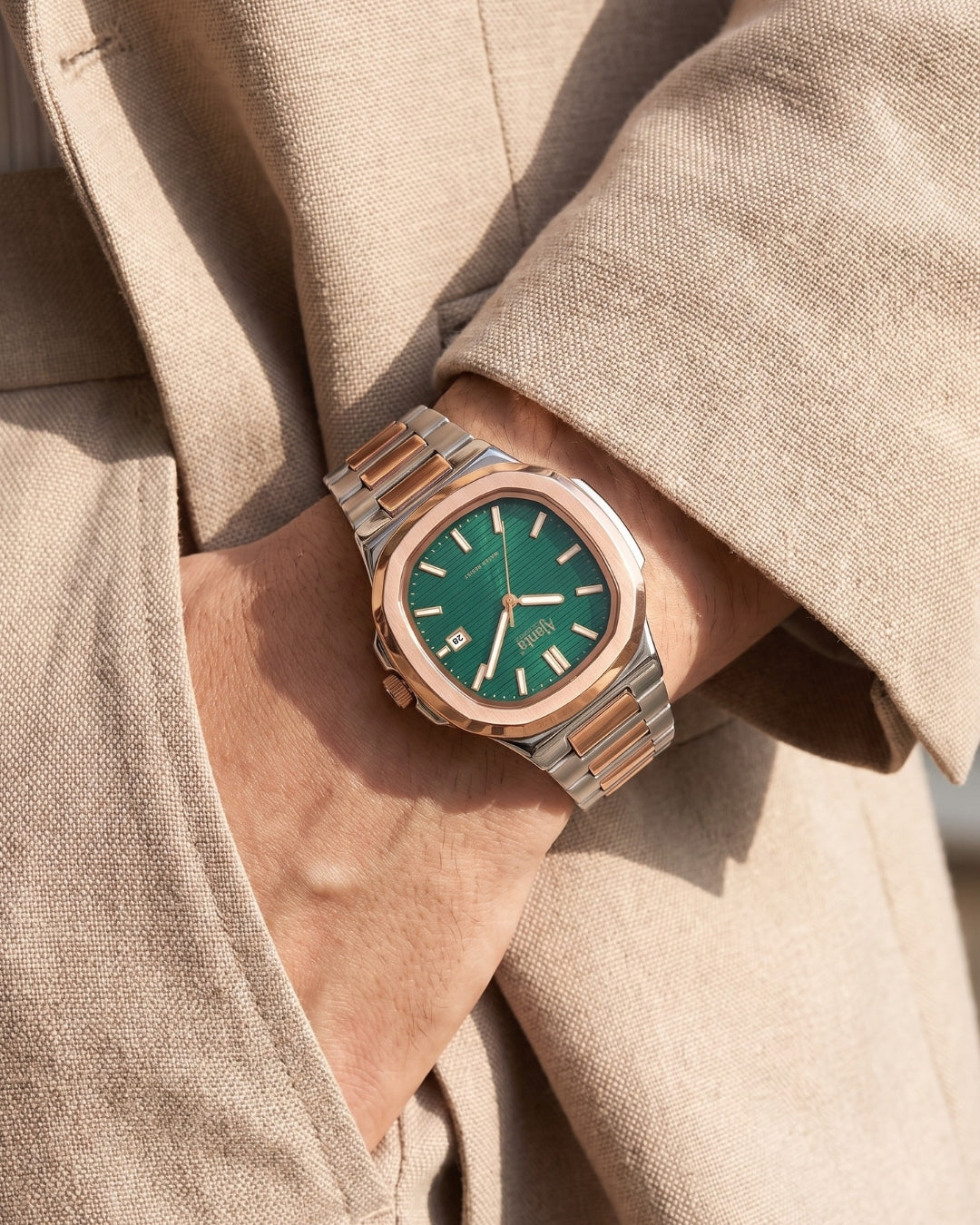 Astera Two Tone  Green Dial Stainless Steel Date Display Watch for Men