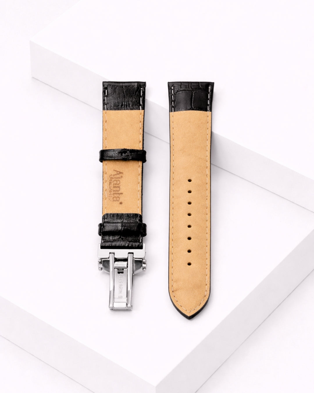 Ajanta Premium Black Leather Watch Strap with Silver Butterfly Buckle
