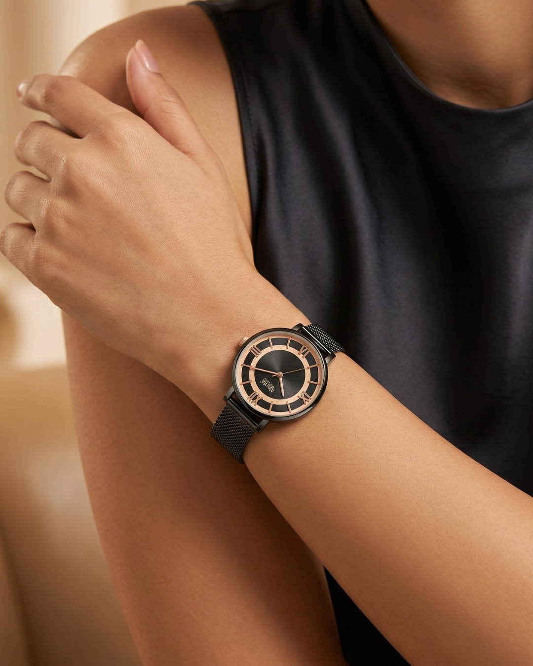 Calyse Gray Dial Black & Rose Gold-Tone Mesh Bracelet