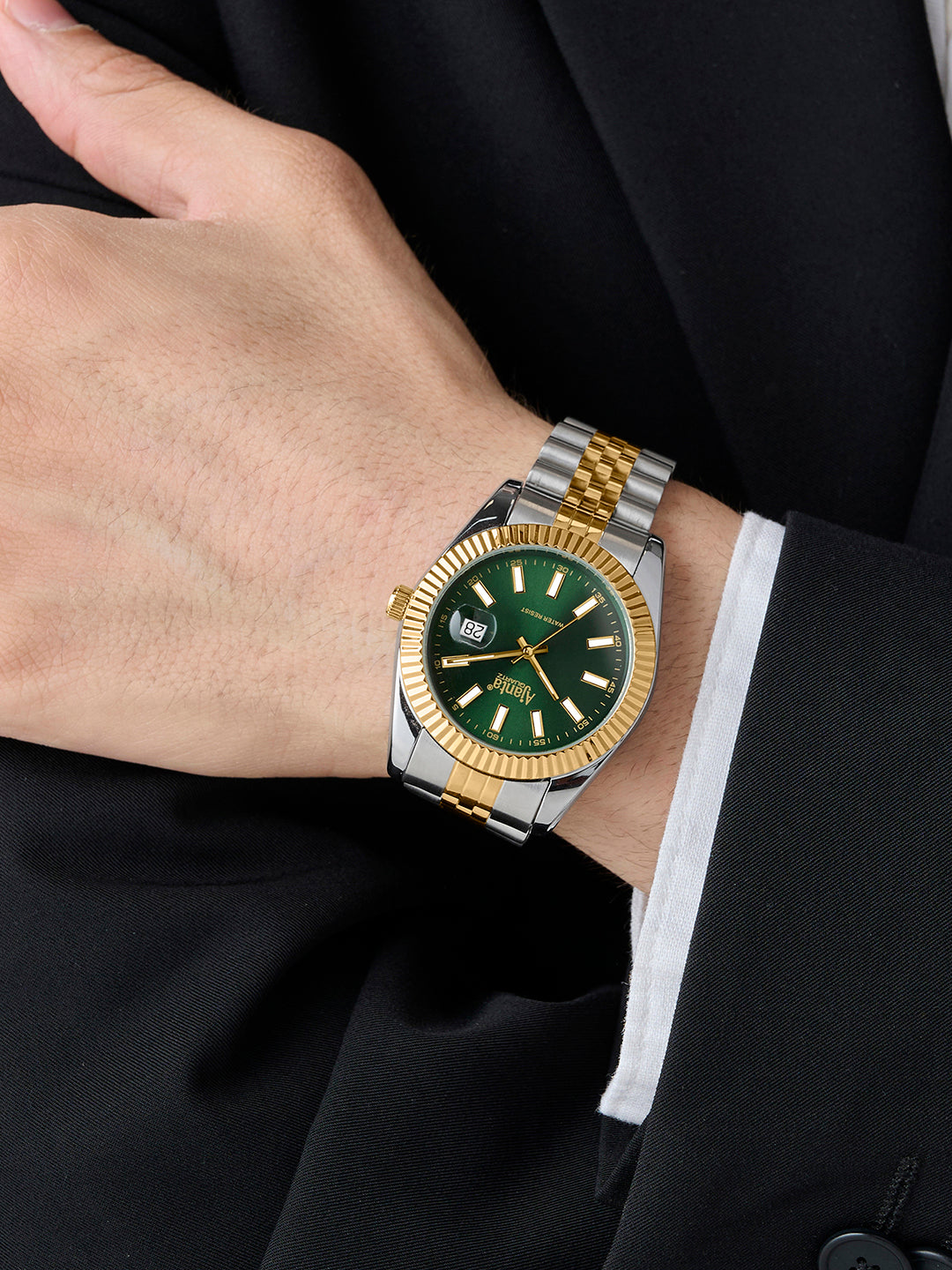 Monaco Two-Tone Green Dial Stainless Steel Day-Date Watch