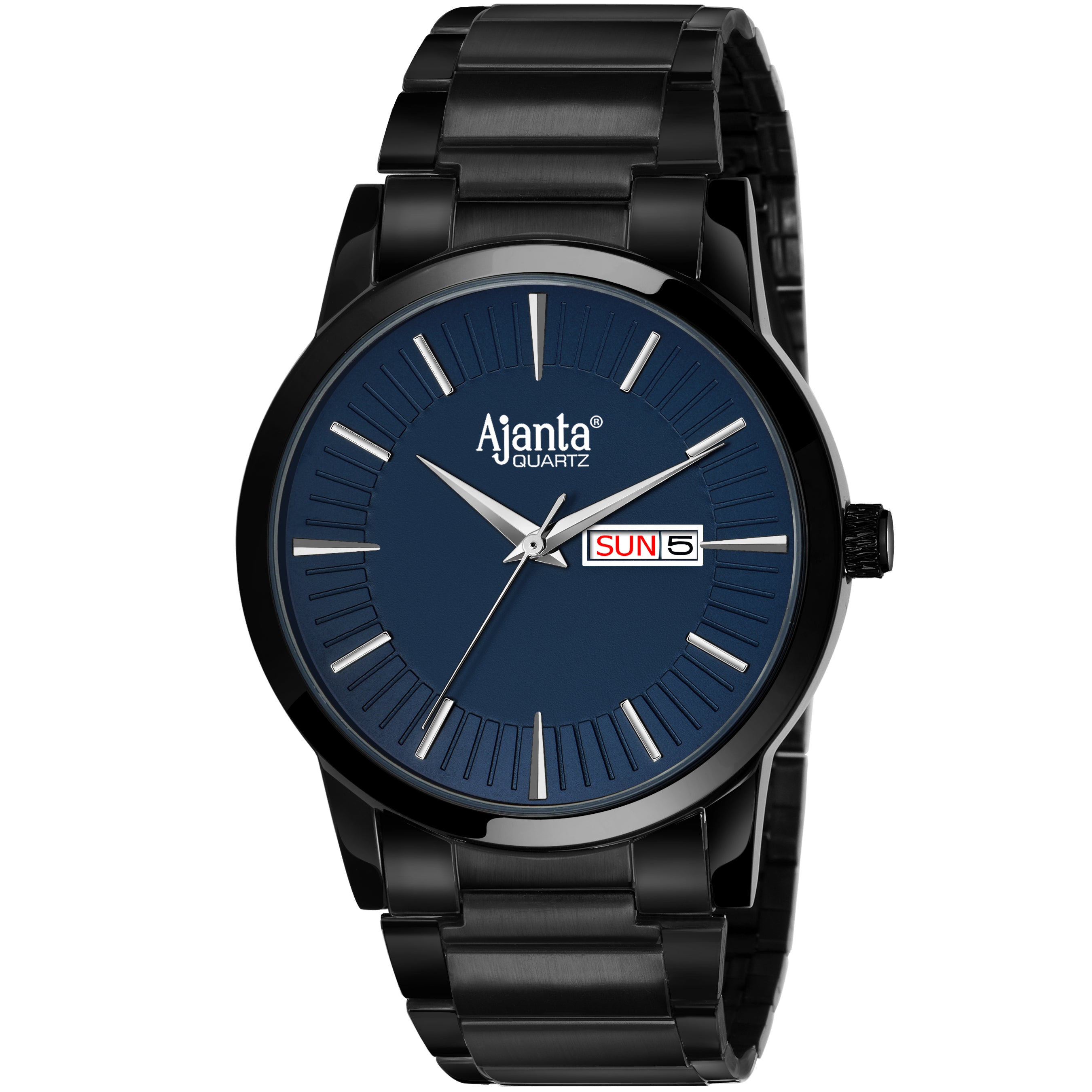 Ajanta Classic Men’s Analog Watch – Black Stainless Steel Day Date Blue Dial Stylish Wrist Watch | AWC502-2ISG/BS/B/BL