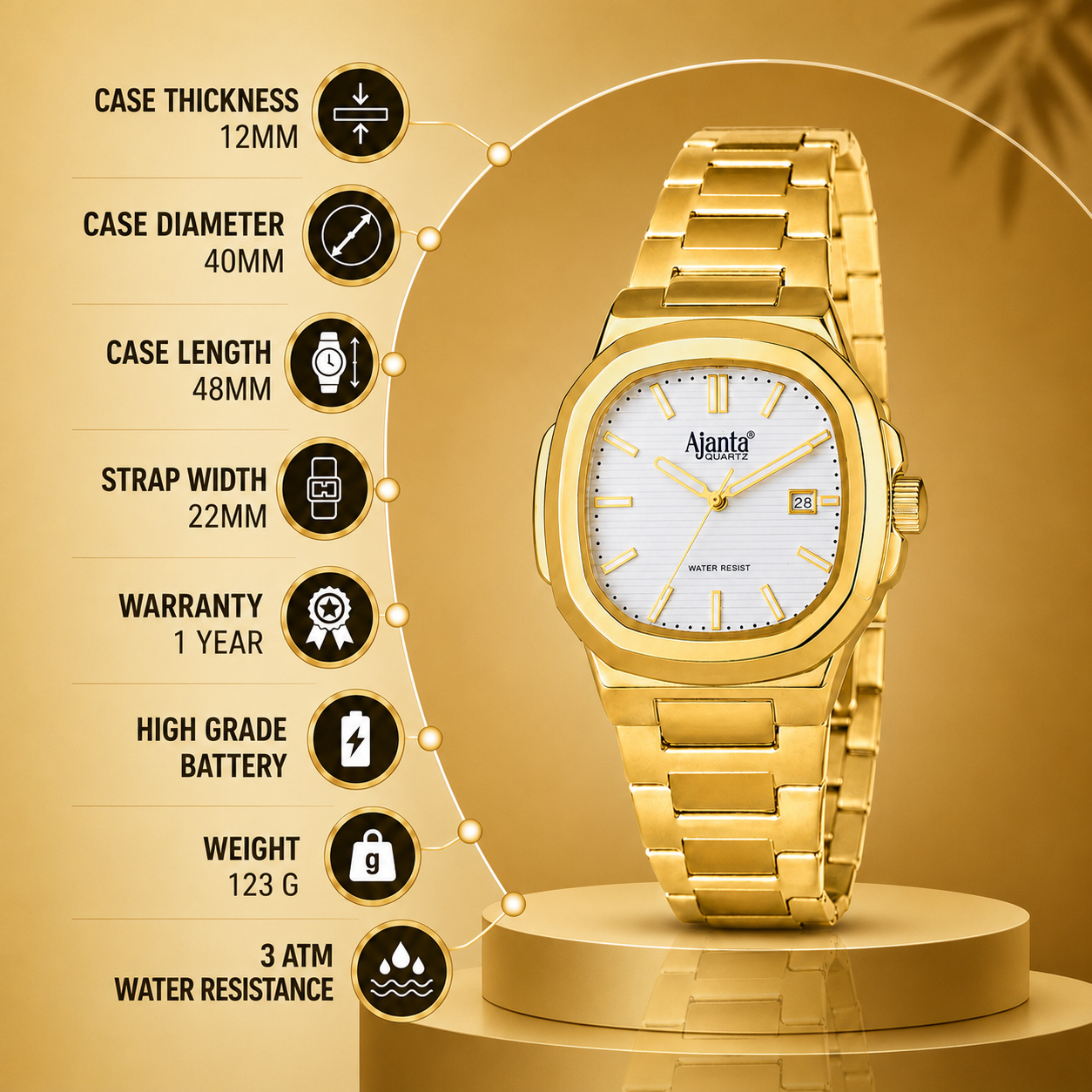 Astera Gold  Silver Dial Stainless Steel Date Display  Watch for Men